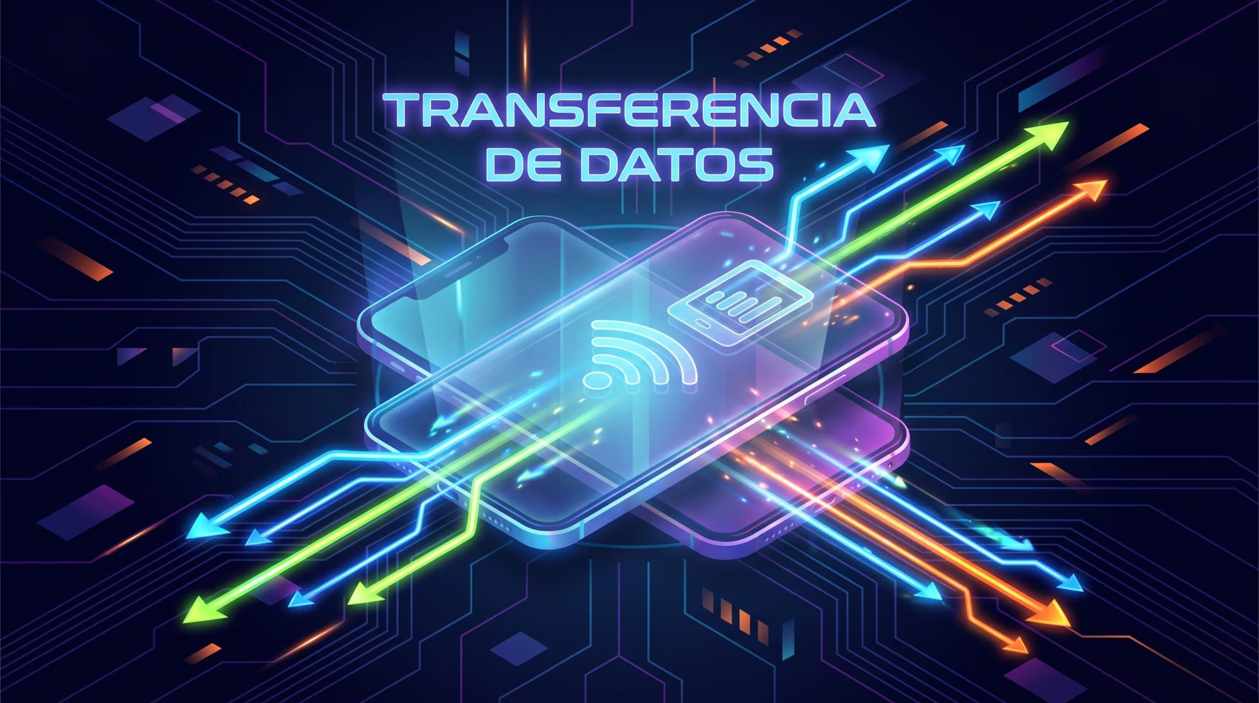 Esta imagen conceptual ilustra la transferencia de datos en un smartphone mediante flechas luminosas que entran y salen de los íconos de WiFi y datos móviles, sobre un fondo tecnológico futurista. (Imagen Ilustrativa Infobae)