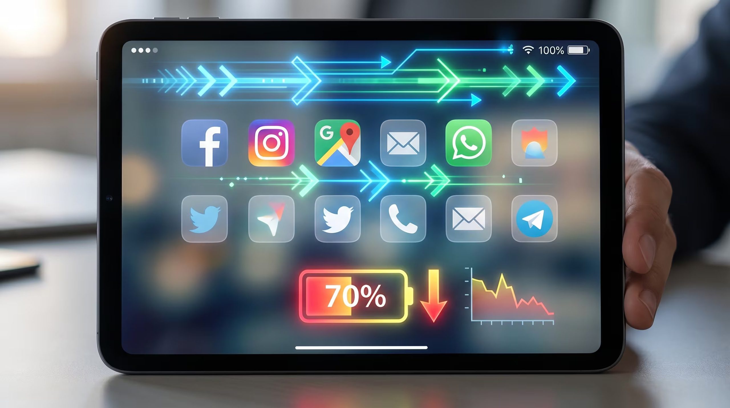 Una ilustración hiperrealista muestra aplicaciones activas en segundo plano, flechas de datos en movimiento, una batería al 70% con indicador de descarga y un gráfico de consumo de energía, revelando el impacto en la autonomía del dispositivo. (Imagen Ilustrativa Infobae)