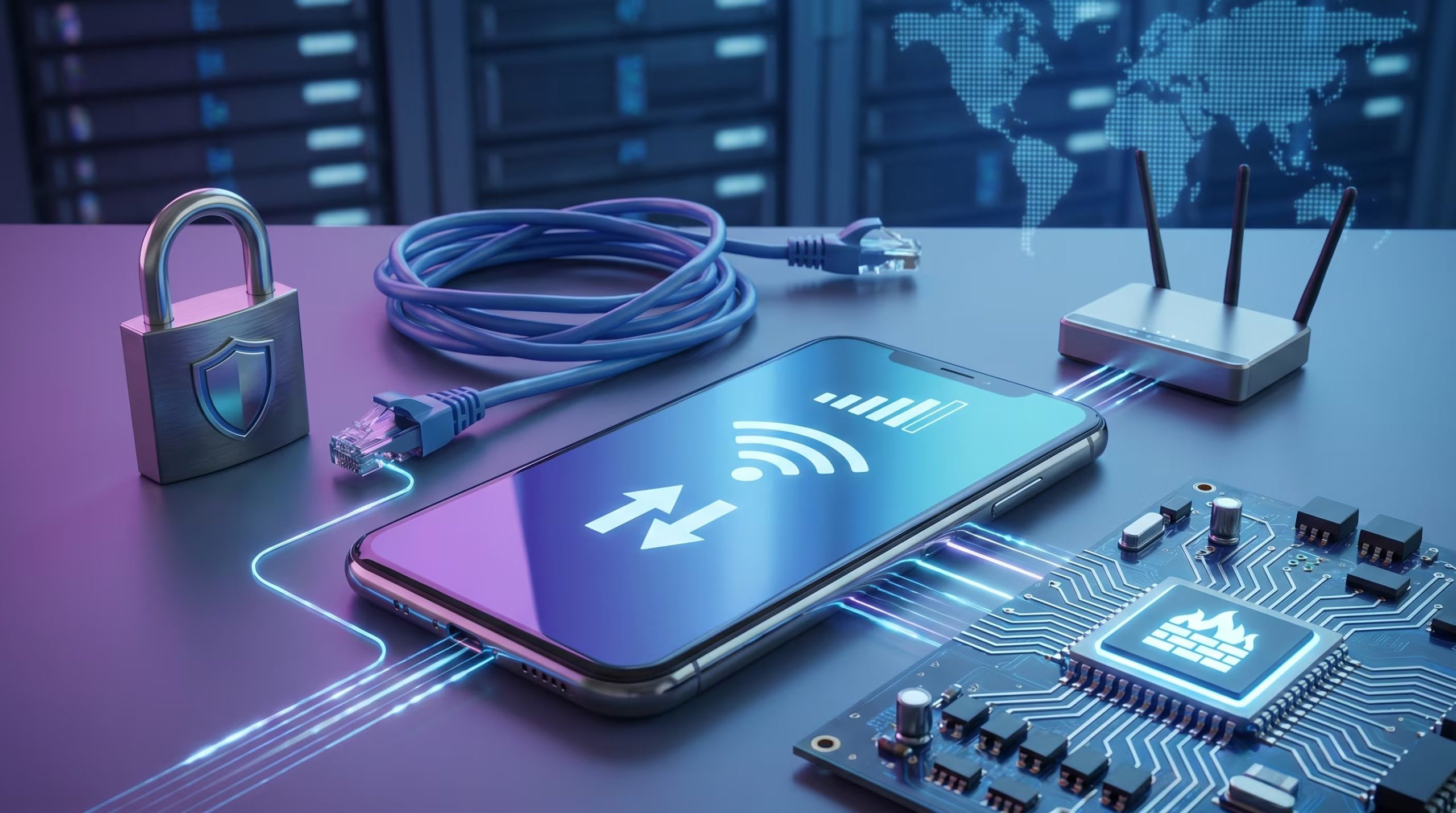 Una composición tecnológica presenta un smartphone mostrando íconos de red, un router Wi-Fi, un cable Ethernet, un candado y una placa de circuito con un firewall, simbolizando la seguridad digital. (Imagen Ilustrativa Infobae)