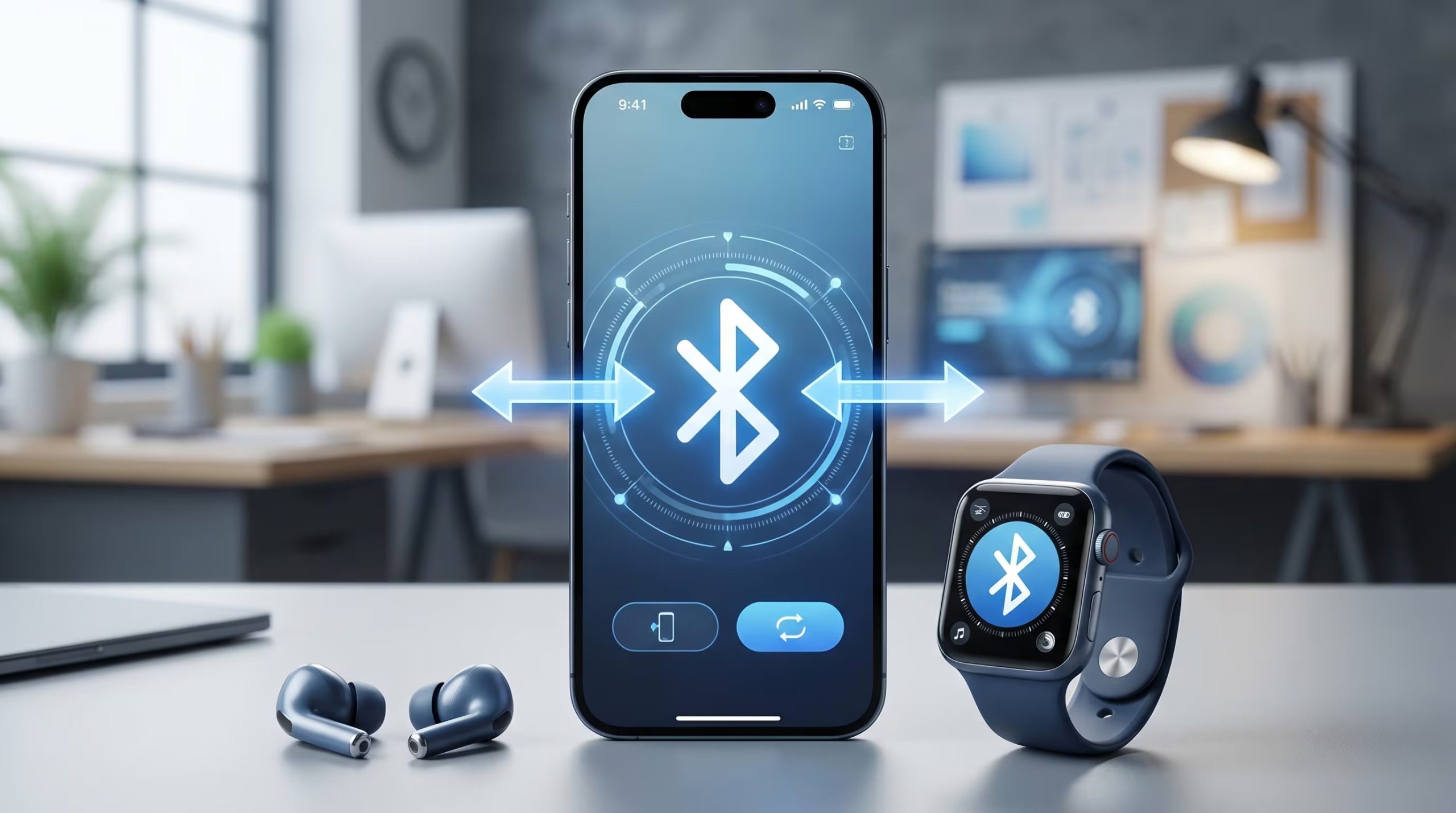 Una pantalla de celular muestra flechas activas de Bluetooth conectando a audífonos inalámbricos y un reloj inteligente, ilustrando la fluidez de la conectividad en la tecnología moderna. (Imagen Ilustrativa Infobae)