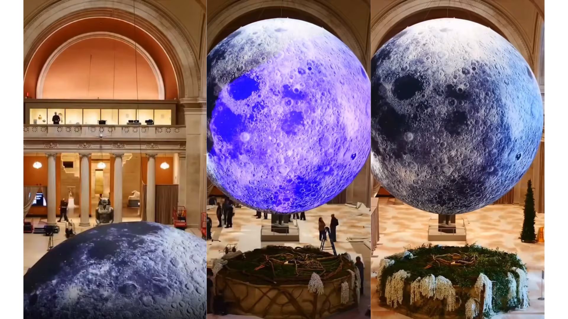 El recibidor principal del museo fue intervenido con una luna inflable de gran tamaño y acabado realista, suspendida bajo la cúpula - crédito @raulavilainc/ Instagram