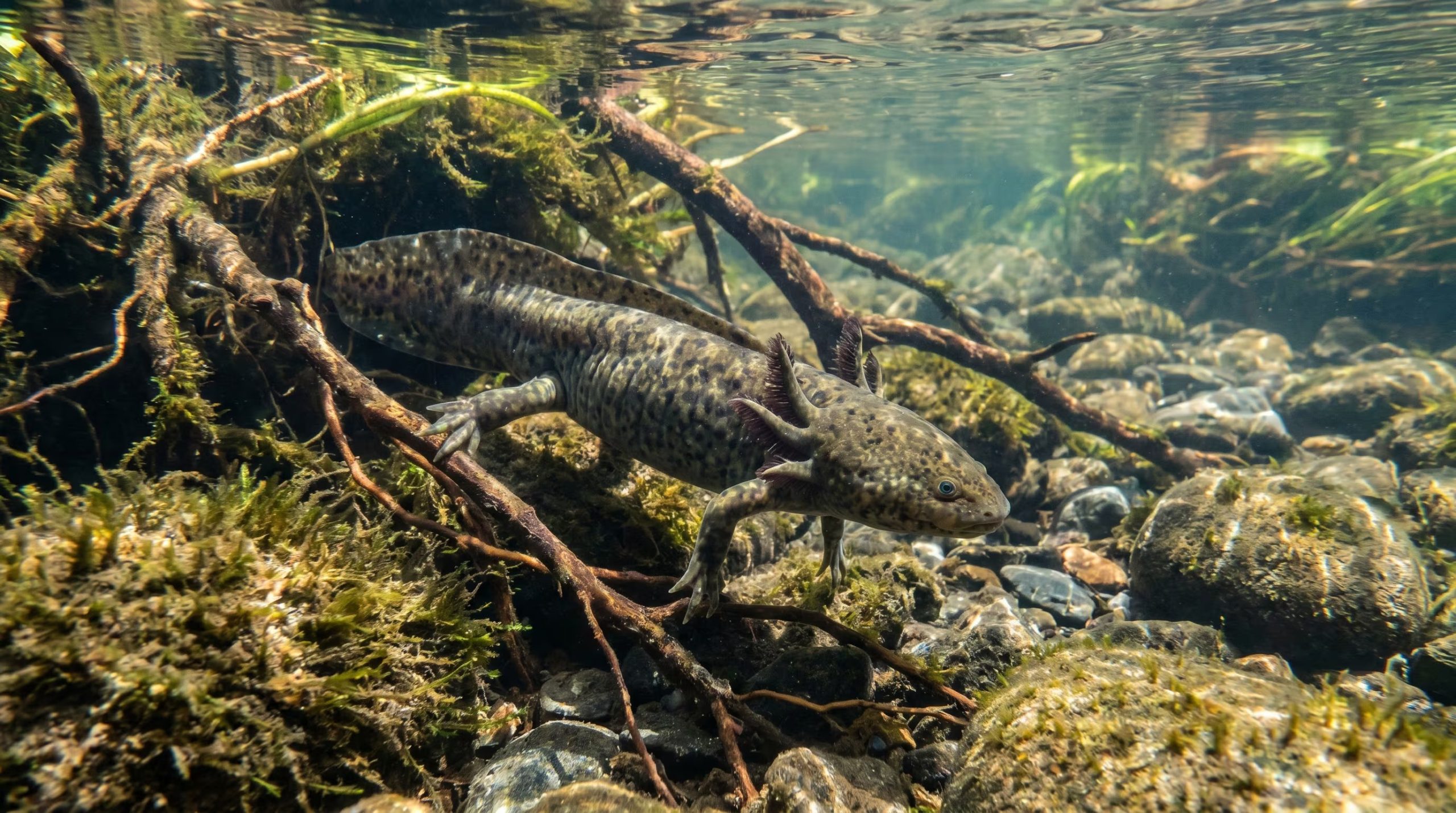 Un Ajolote del Altiplano (Ambystoma velasci), una especie endémica de México, nada entre raíces y rocas en un cuerpo de agua templado del altiplano mexicano, mostrando su hábitat natural. (Imagen Ilustrativa Infobae)