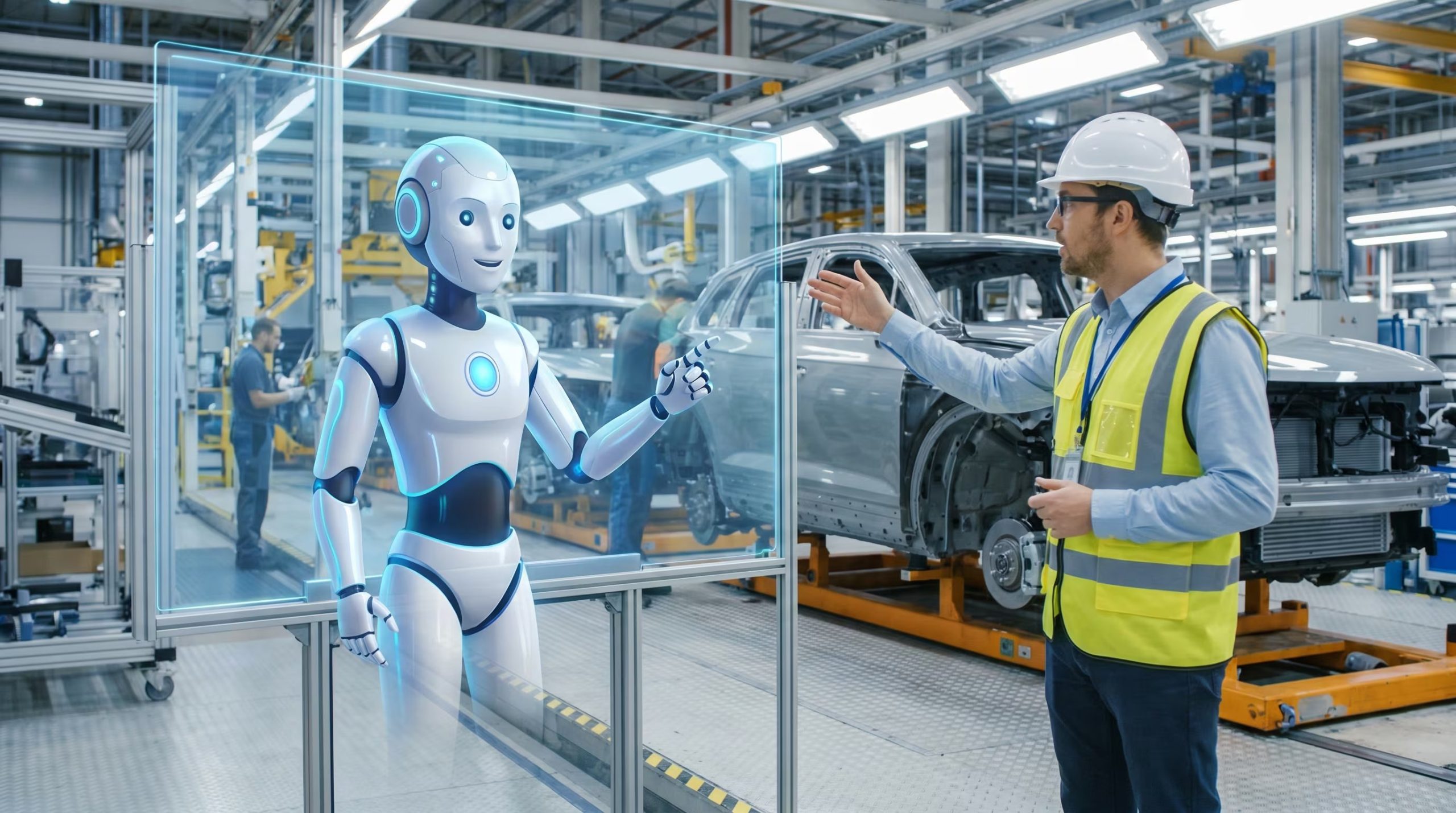 Un ingeniero en una planta de fabricación de SUV interactúa con un bot avatar futurista que representa la integración de la inteligencia artificial en los procesos de producción. (Imagen Ilustrativa Infobae)