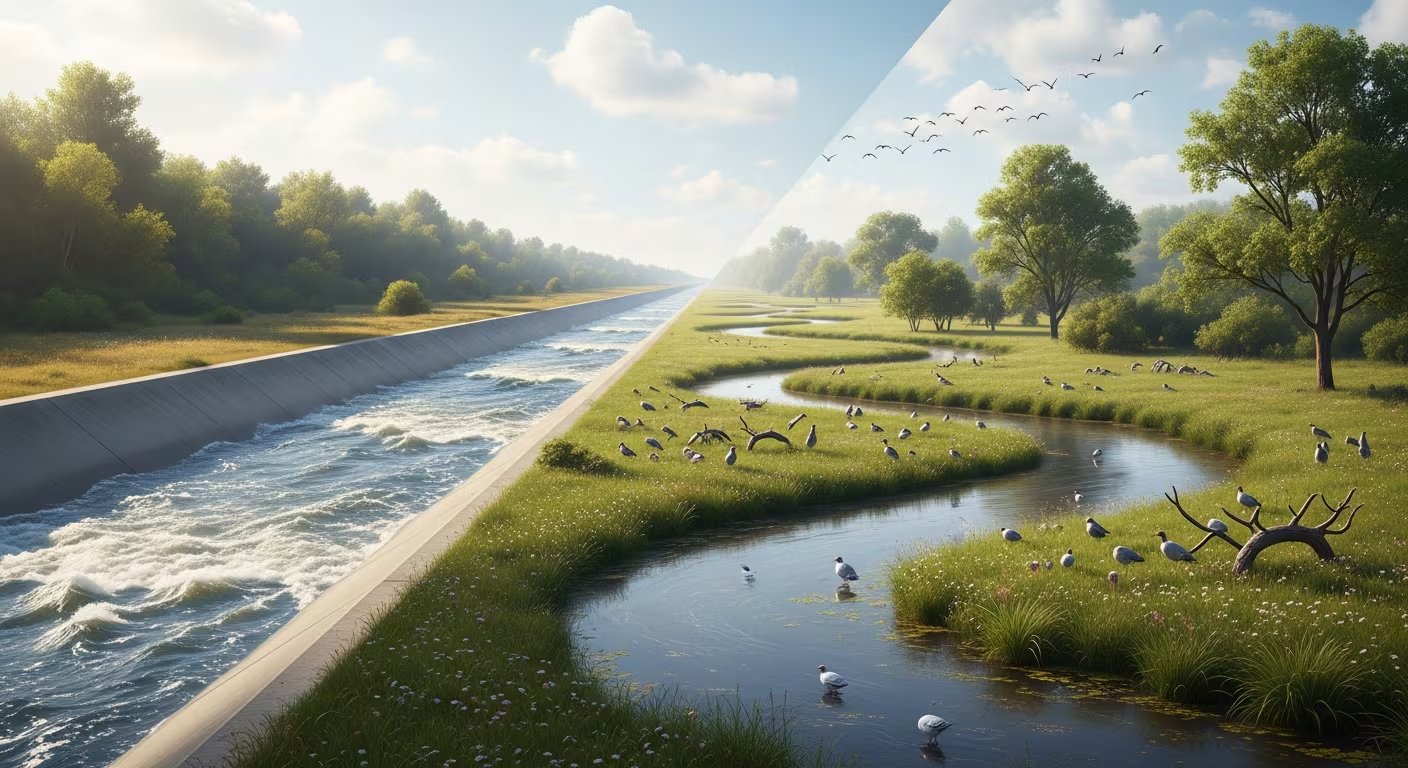 Eliminar canalizaciones artificiales y restaurar meandros convierte a los ríos en barreras naturales frente a eventos climáticos extremos y sequías, favoreciendo la resiliencia ecológica (Imagen Ilustrativa Infobae)