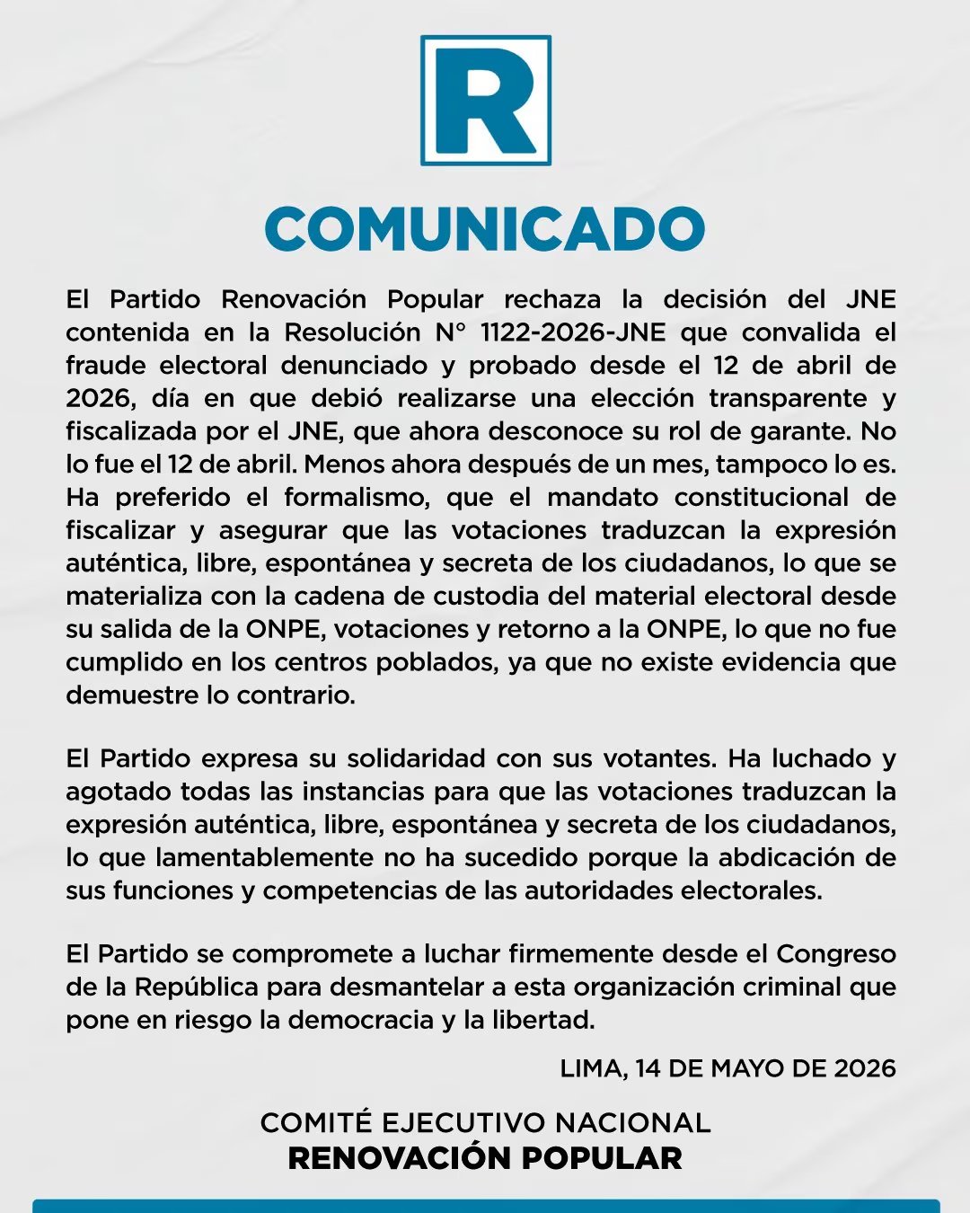 El partido Renovación Popular anunció su intención de ejercer una oposición firme en el Congreso para defender la voluntad de sus electores tras quedar fuera del balotaje.

