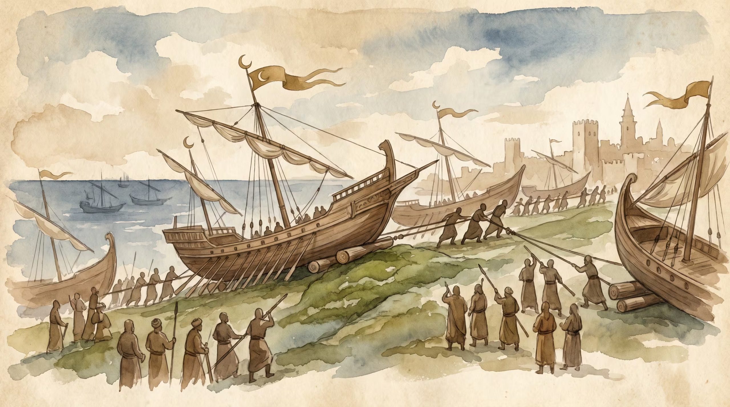 Para romper el bloqueo del Cuerno de Oro, Mehmed II ordenó arrastrar parte de su flota por tierra sobre troncos engrasados. La maniobra cerró el último respiradero de la ciudad
(Imagen Ilustrativa Infobae)