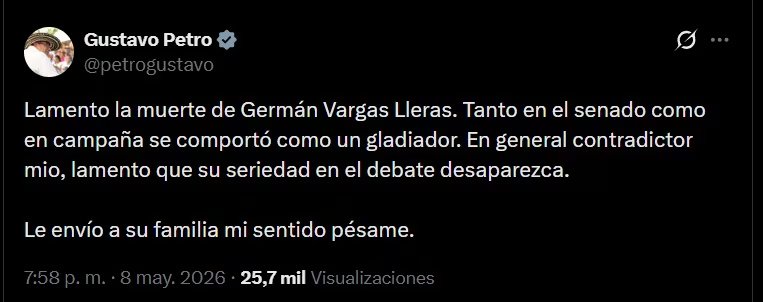 El presidente Gustavo Petro lamenta la muerte de Germán Vargas Lleras - crédito @petrogustavo / X