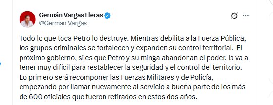 El exvicepresidente Germán Vargas Lleras criticó al Gobierno Petro por cuestiones de seguridad - crédito @German_Vargas/X