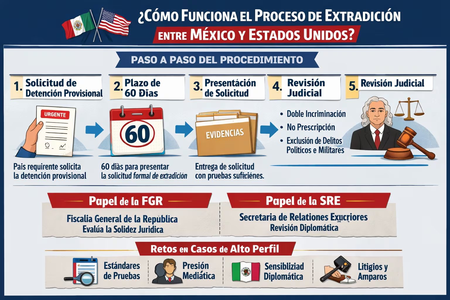 La infografía detalla el proceso de extradición entre México y Estados Unidos, desde la solicitud inicial y plazos, hasta la revisión judicial, roles de la FGR y SRE, y los retos en casos de alto perfil. (Imagen Ilustrativa Infobae)