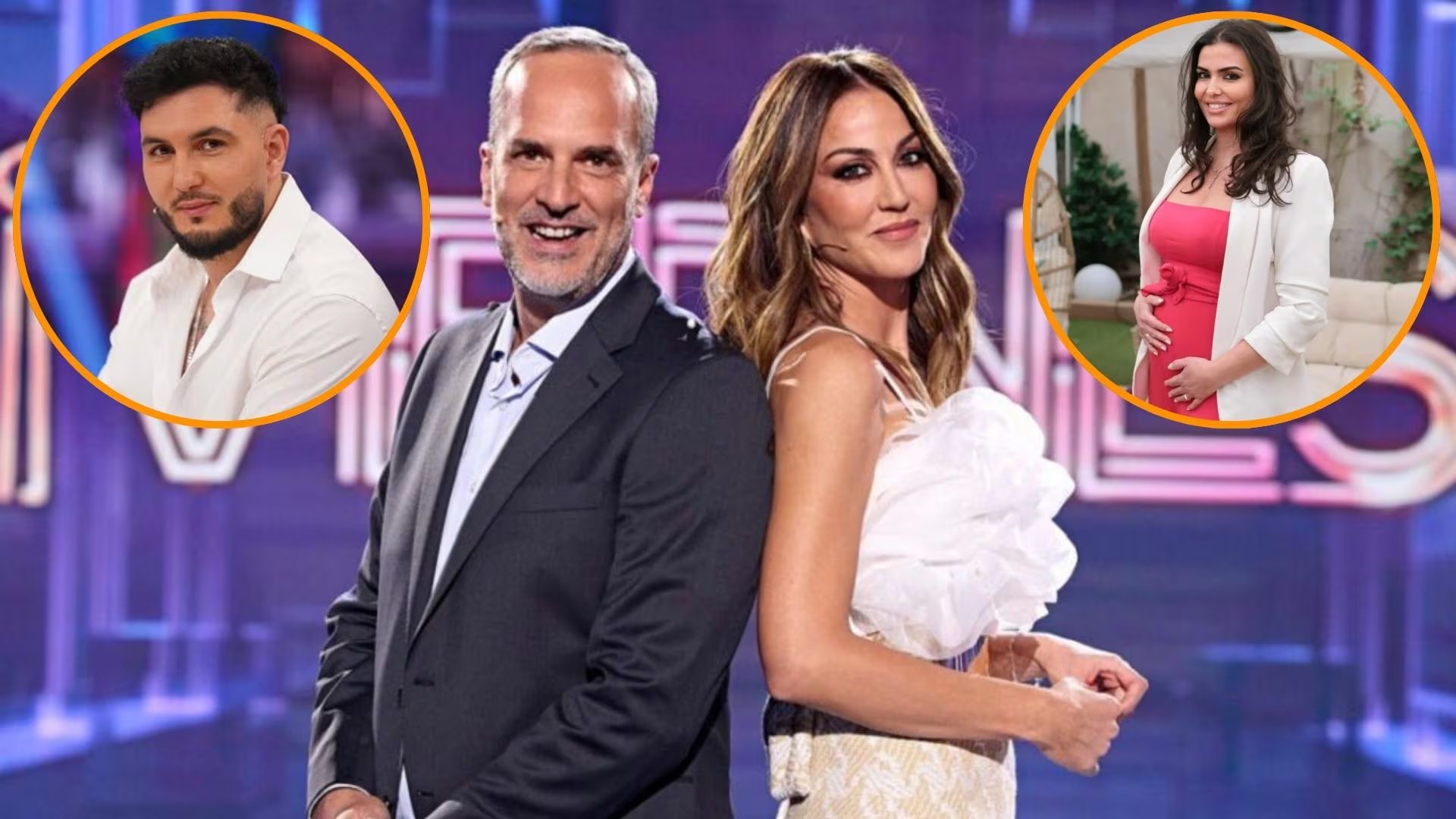 Los presentadores de '¡De Viernes!', Beatriz Archidona y Santi Acosta, en un montaje fotográfico con Omar Montes y Rocío Martín (Mediaset / Instagram / Atresmedia / Infobae)