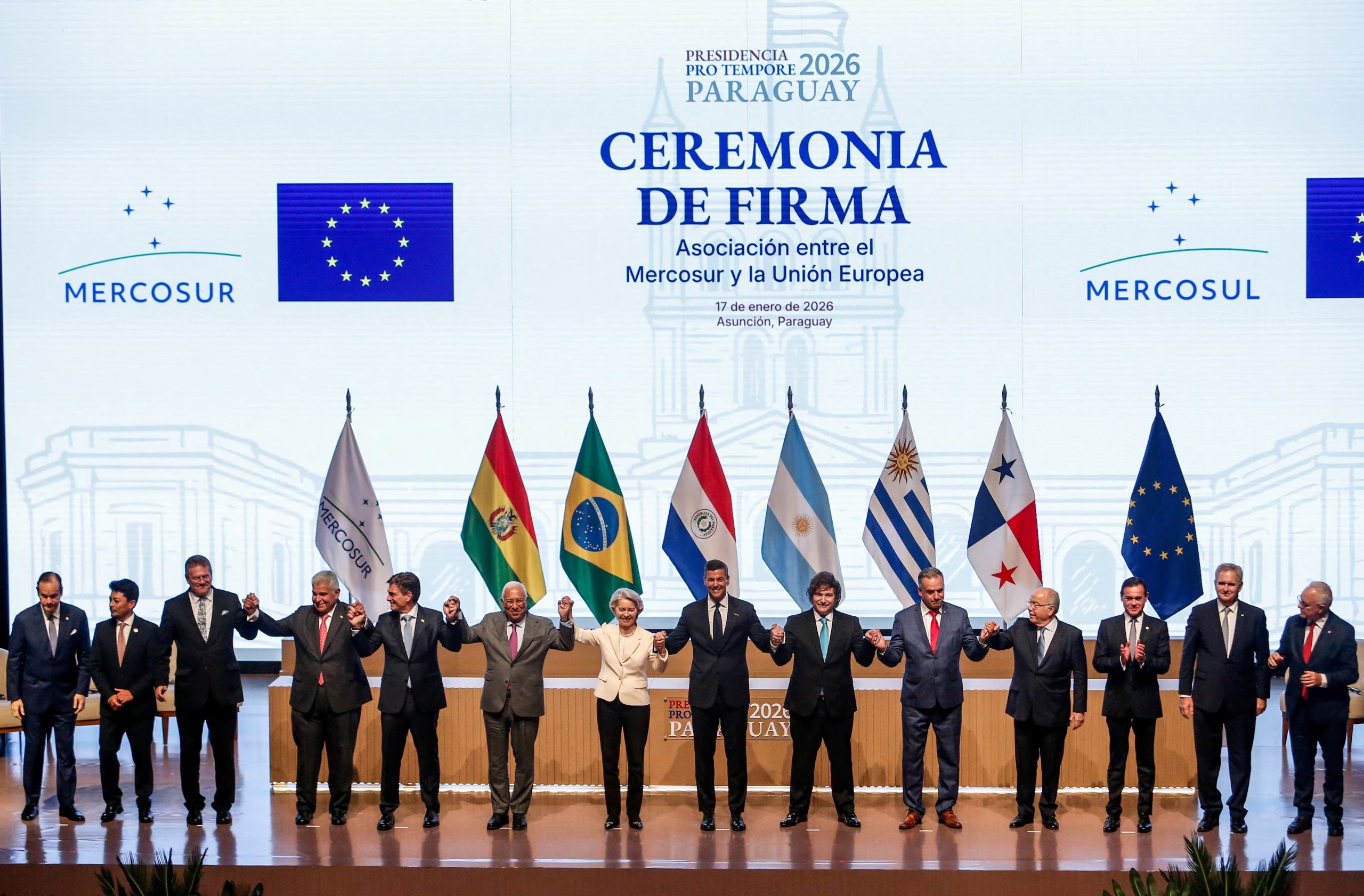 
Firma del acuerdo de libre comercio entre la Unión Europea y el Mercosur, en Asunción, el 17 de enero de 2026. Mützenich espera que el pacto impulse 