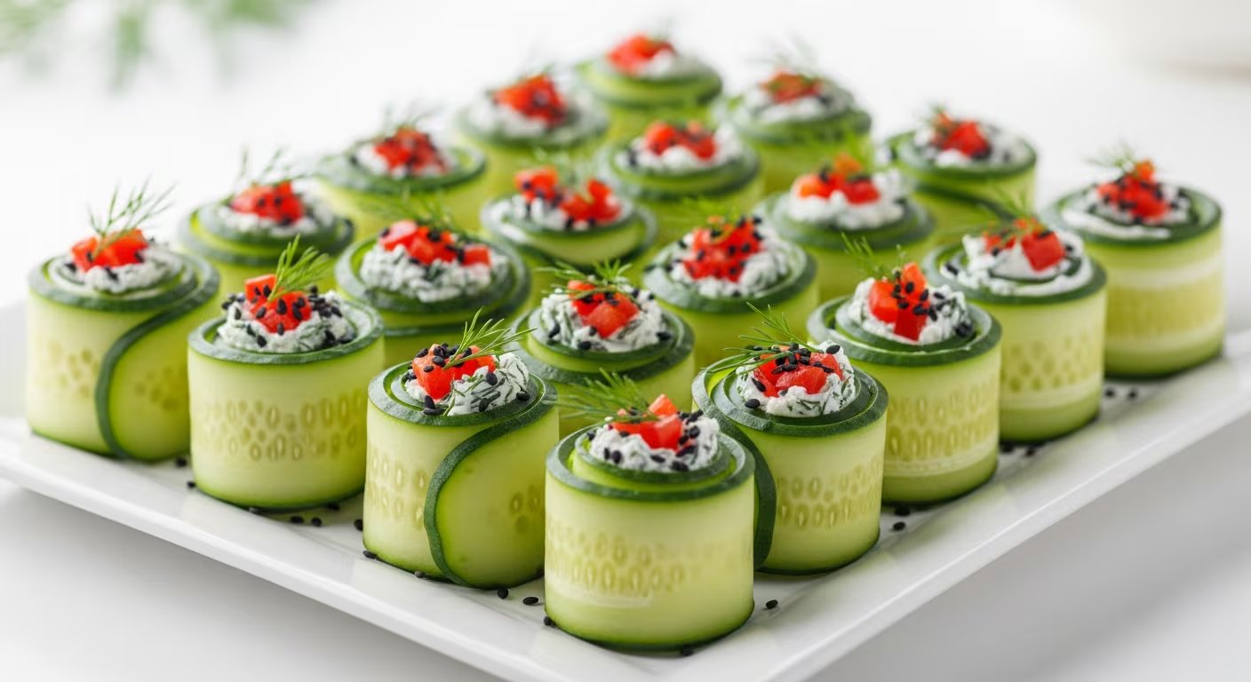 Rollitos de pepino rellenos de queso cremoso y hierbas, adornados con tomate picado, semillas de sésamo negro y eneldo fresco, se presentan elegantemente en un plato blanco. (Imagen Ilustrativa Infobae)