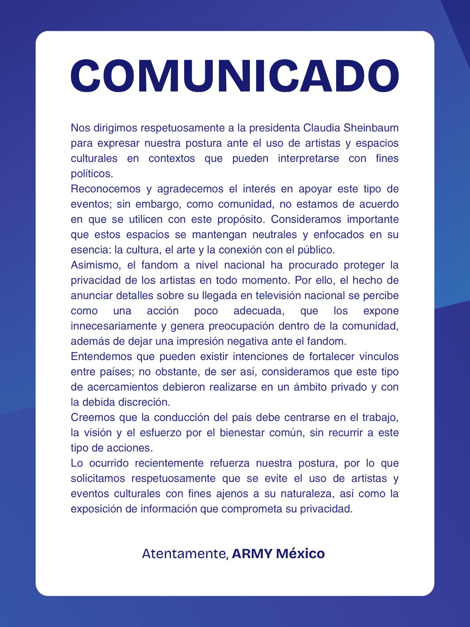 Comunicado de fans de BTS (captura de pantalla)