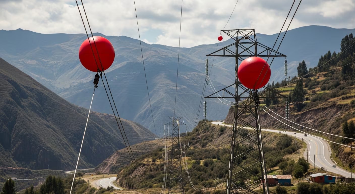 Dos esferas de color rojo para señalización de cables de alta tensión sobresalen en el paisaje montañoso de los Andes peruanos, con una carretera sinuosa serpenteando por el valle. (Imagen Ilustrativa Infobae)