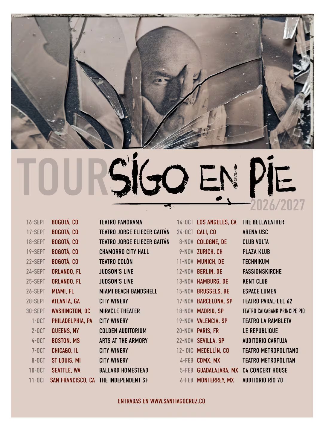 Sigo en Pie Tour será la gira más extensa de Santiago Cruz, con conciertos en Colombia, México, Estados Unidos y varios países europeos - crédito Paola España Comunicaciones