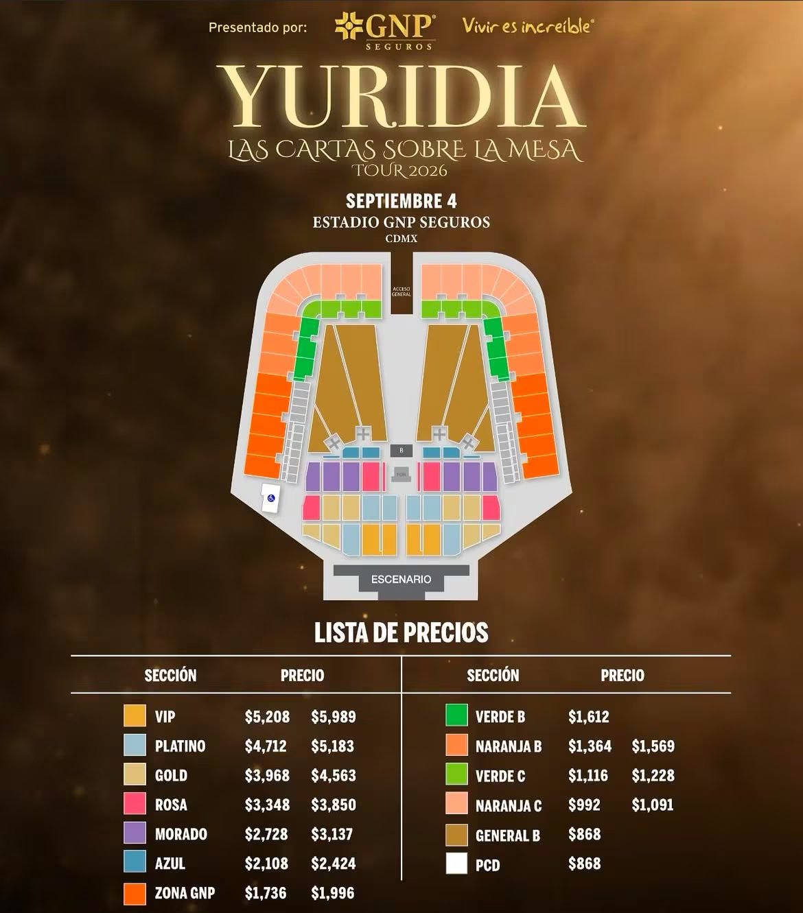 Yuridia anuncia su esperado regreso a los escenarios con la gira 'Las cartas sobre la mesa tour', recorriendo México en 2026. - - (Ocesa)