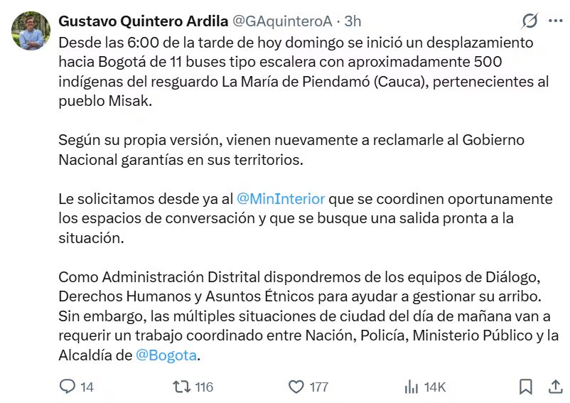 Gustavo Quintero pidió al Gobierno coordinar espacios de diálogo. - crédito @GAquinteroA/X