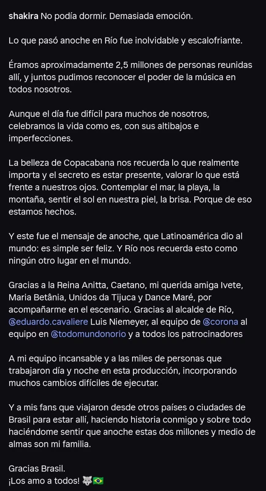 Mensaje de Shakira tras su presentación en Copacabana en 'Todo mundo no Río' - crédito @shakira/IG