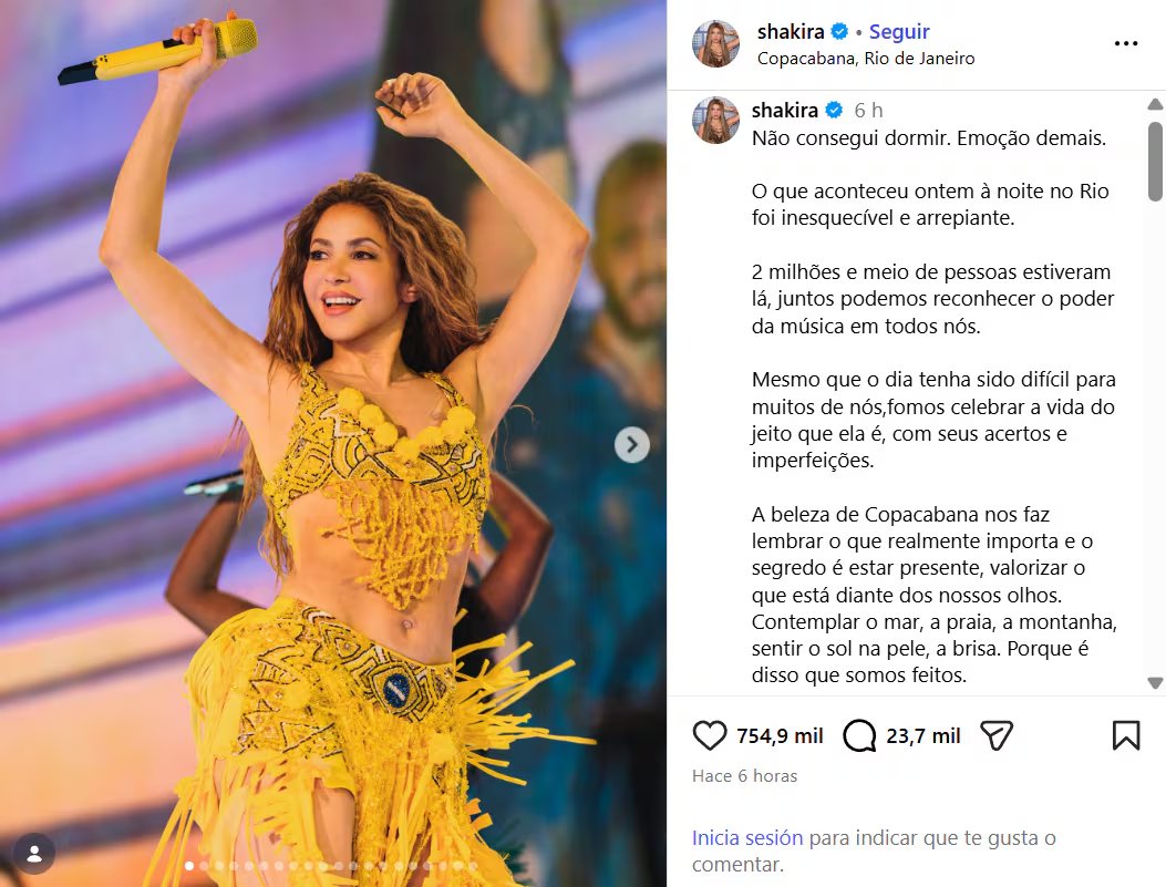 Shakira compartió unas emotivas palabras tras su presentación en Copacabana - crédito @shakira/IG