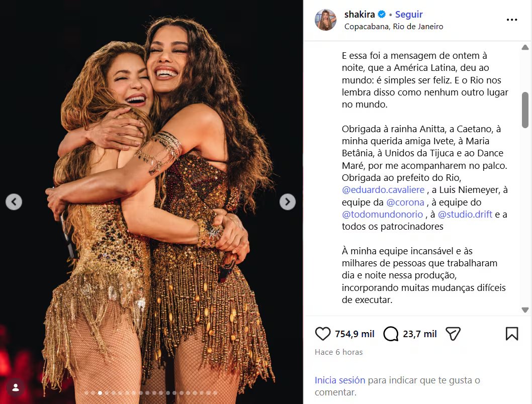 La colombiana no dudó en agradecerles a sus seguidores por le respaldo que le dieron en Río de Janeiro - crédito @shakira/IG