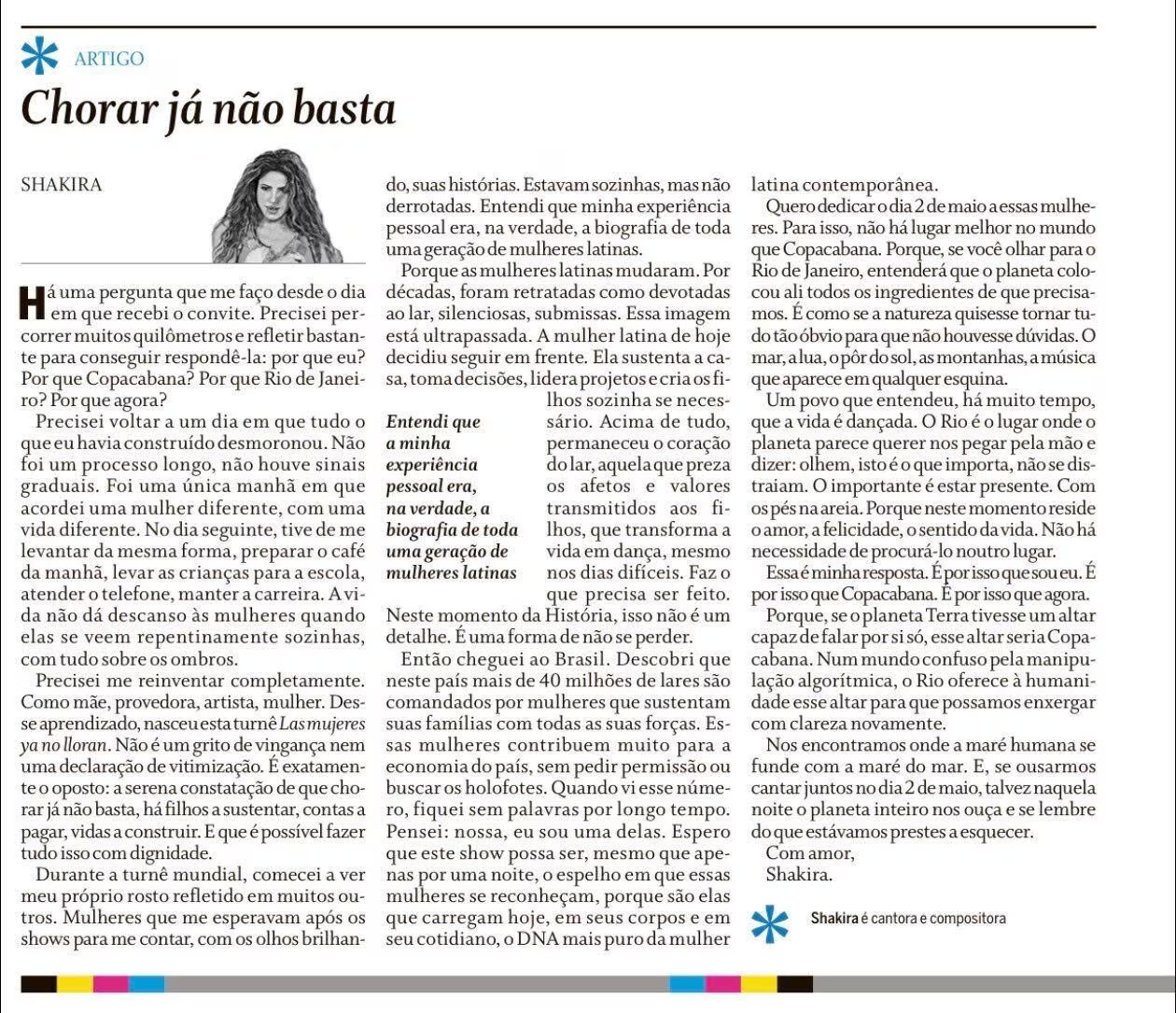 Columna de Shakira para el medio O Globo de Brasil sobre su presentación en Copacabana - crédito O Globo