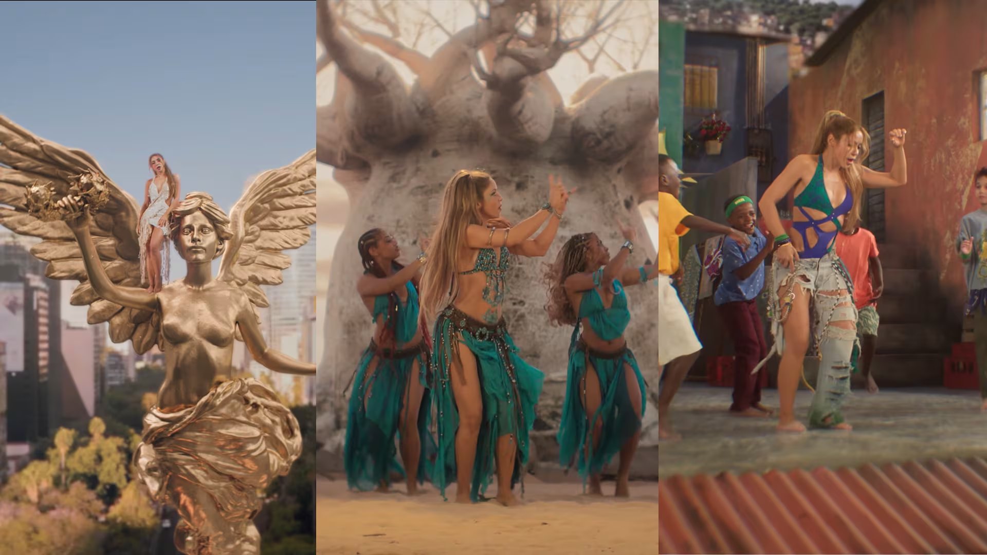 El video recorre escenarios emblemáticos como el Ángel de la Independencia en Ciudad de México, paisajes africanos con el baobab y favelas sudamericanas - crédito captura de pantalla Shakira/ Youtube