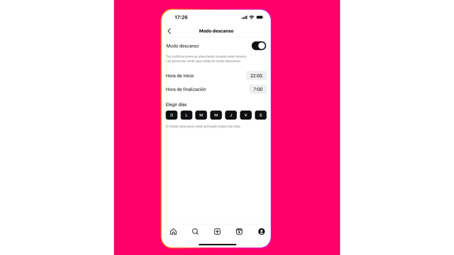 Configuración del horario permitido de actividad en Instagram. (Meta)