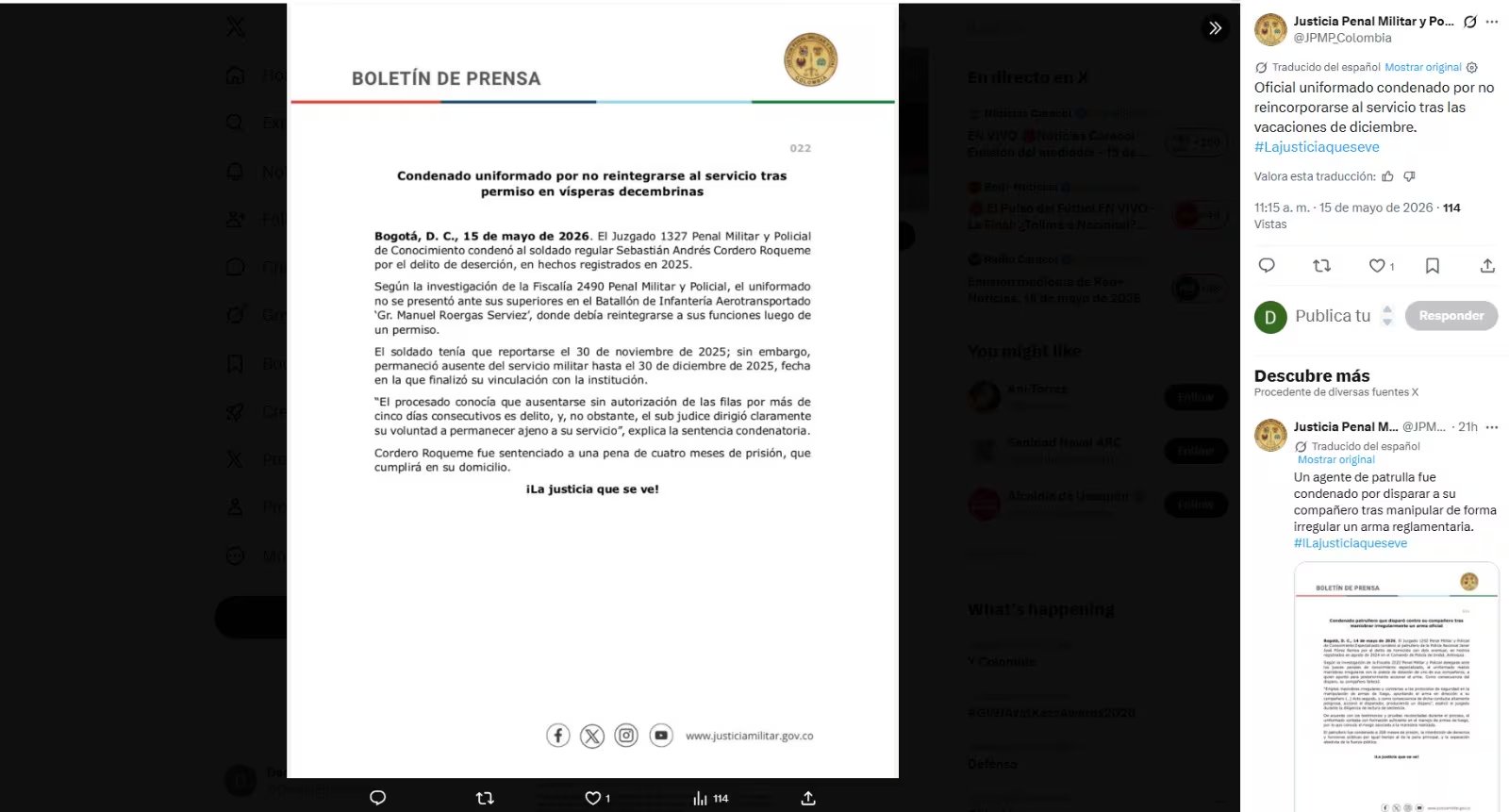 La decisión judicial fue divulgada a través del boletín oficial, detallando la duración de la sanción y la responsabilidad del exuniformado conforme al reglamento vigente - crédito Justicia Penal Militar