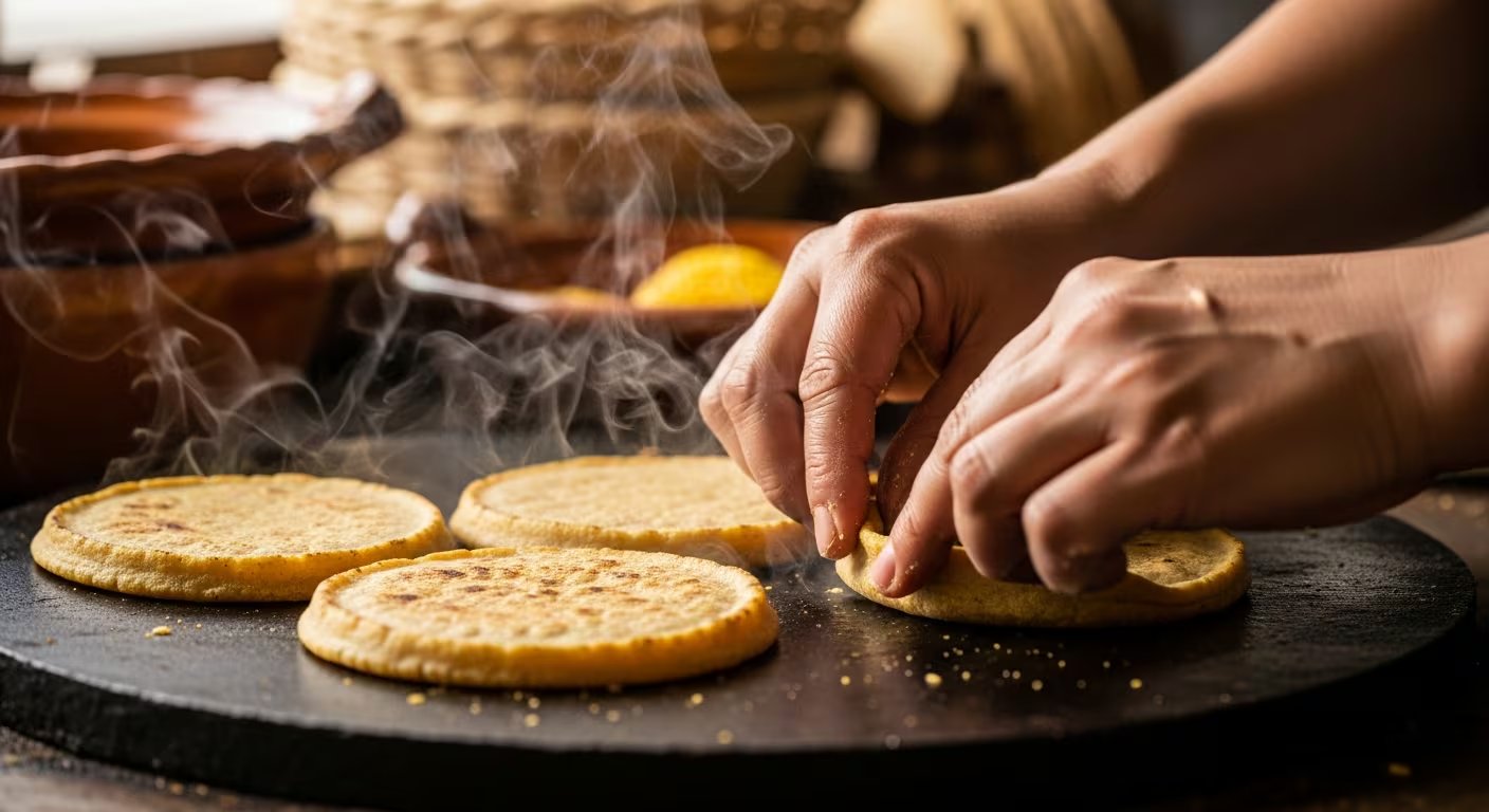 Manos hábiles pellizcan los bordes de sopes calientes sobre un comal tradicional, liberando vapor aromático en el proceso de preparación culinaria mexicana. (Imagen Ilustrativa Infobae)