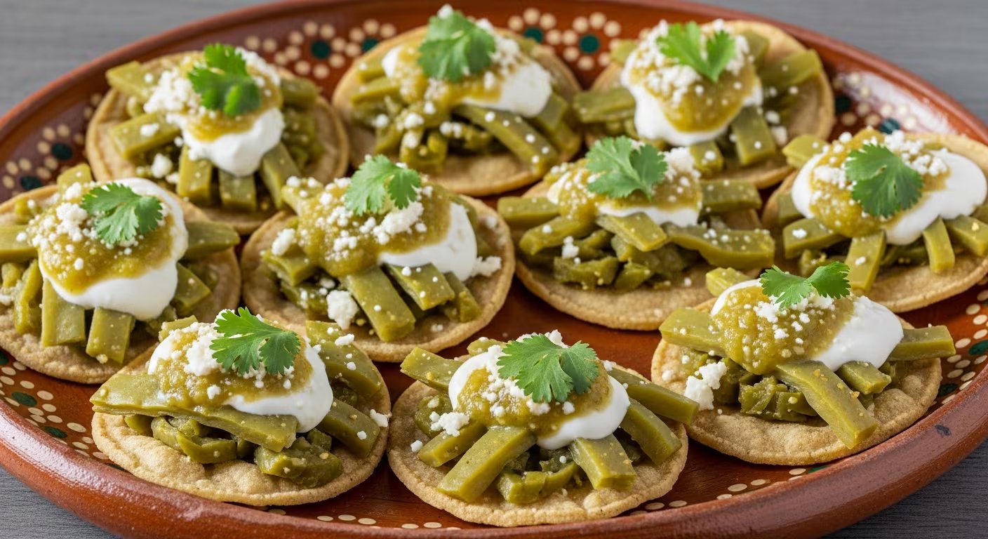Deliciosos mini sopes mexicanos, preparados con nopales cocidos en tiras, adornados con crema, salsa verde, queso desmoronado y cilantro fresco, presentados en un tradicional plato de barro. (Imagen Ilustrativa Infobae)