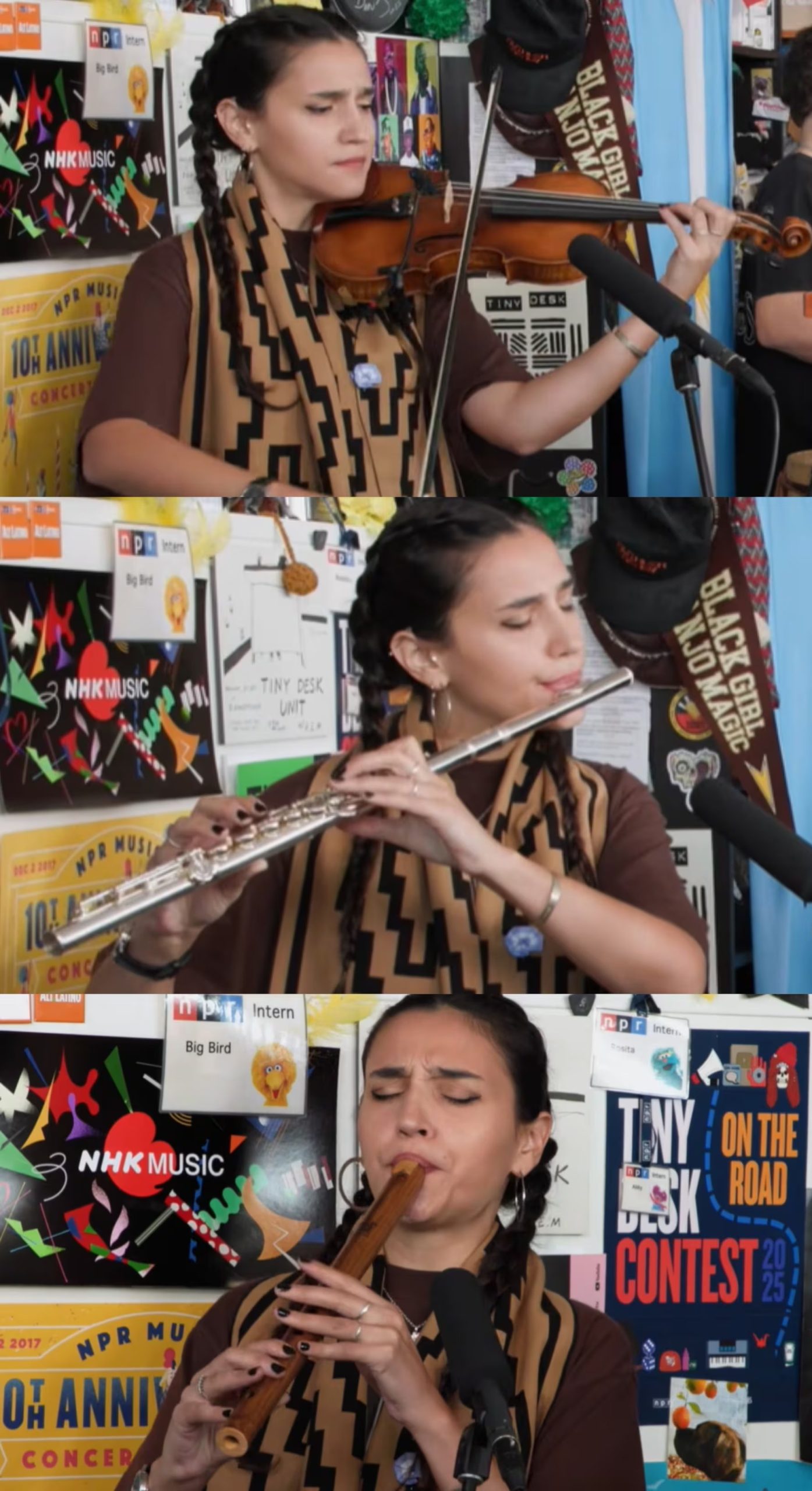 Meschller desplegó su talento en el Tiny Desk con el violín, flauta traversa, pinkullo y siku. También toca piano, quena y canta. 