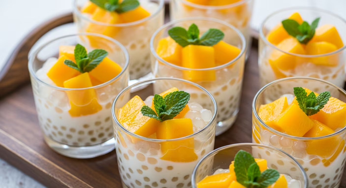Un delicioso postre tropical se presenta en vasitos individuales, combinando perlas de tapioca, suave leche de coco y jugosos cubos de mango fresco, decorados con hojas de menta. (Imagen Ilustrativa Infobae)