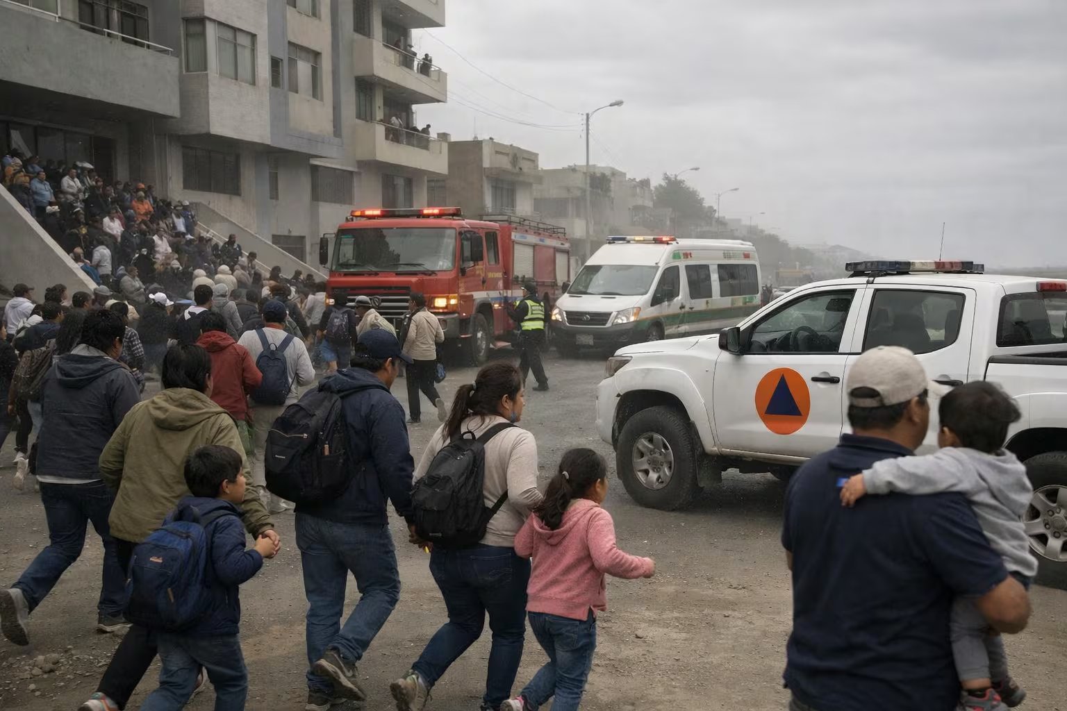 Residentes de Ica evacúan rápidamente edificios hacia la vía pública, con niños y mochilas, mientras vehículos de bomberos y Defensa Civil Perú atienden la emergencia tras un sismo. (Imagen Ilustrativa Infobae)