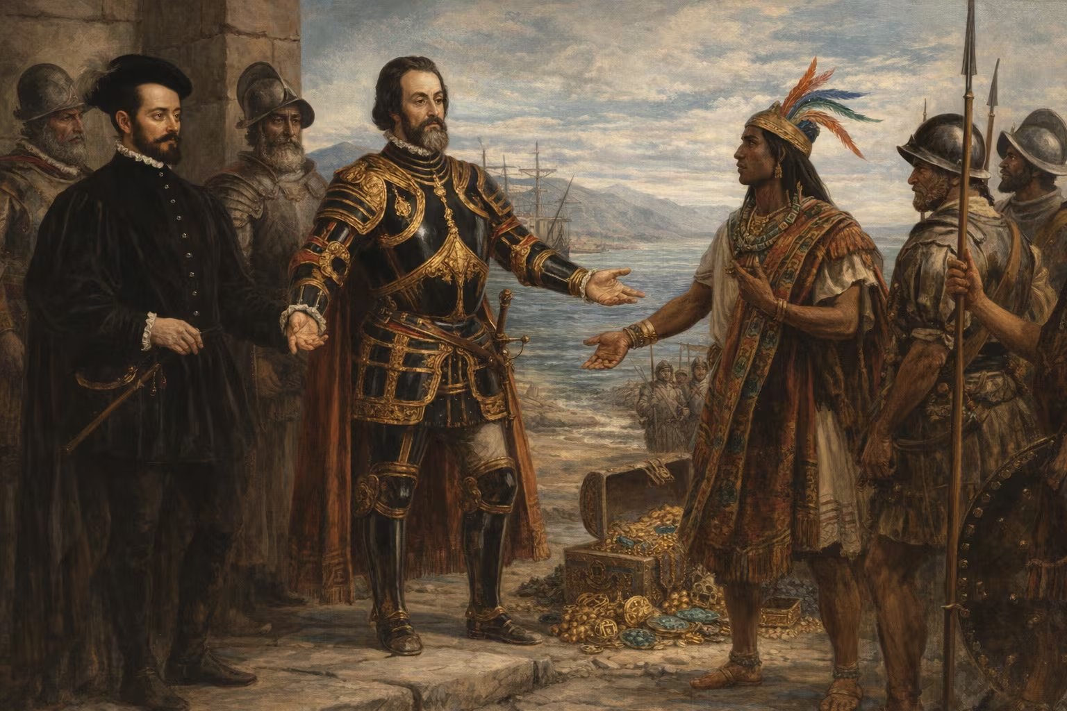 Una pintura histórica retrata el primer contacto de Hernán Cortés con un emisario indígena, destacando el rol del oro en la Conquista de México. (Imagen Ilustrativa Infobae)