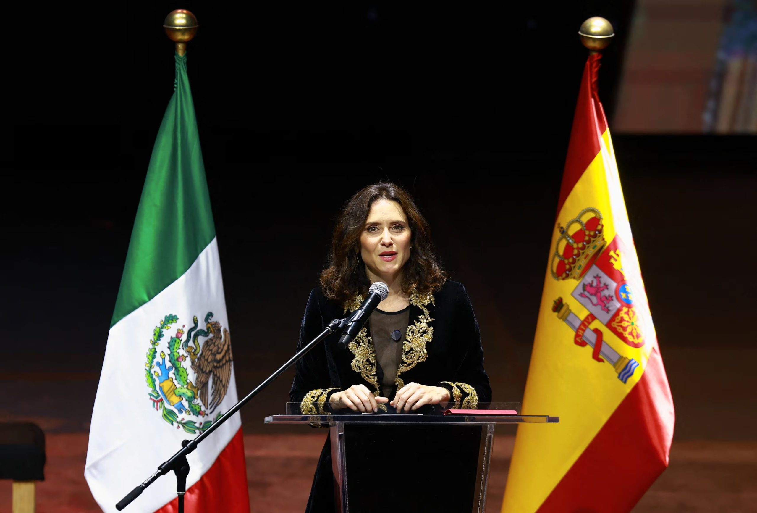 President of the Community of Madrid Isabel Diaz Ayuso speaks as she attends the musical Malinche, which tells the story of Malinche, an Indigenous interpreter who played a key role in the Spanish conquest of Mexico, and her relationship with Spanish conquistador Hernan Cortes, in Mexico City, Mexico, May 4, 2026. REUTERS/Raquel Cunha