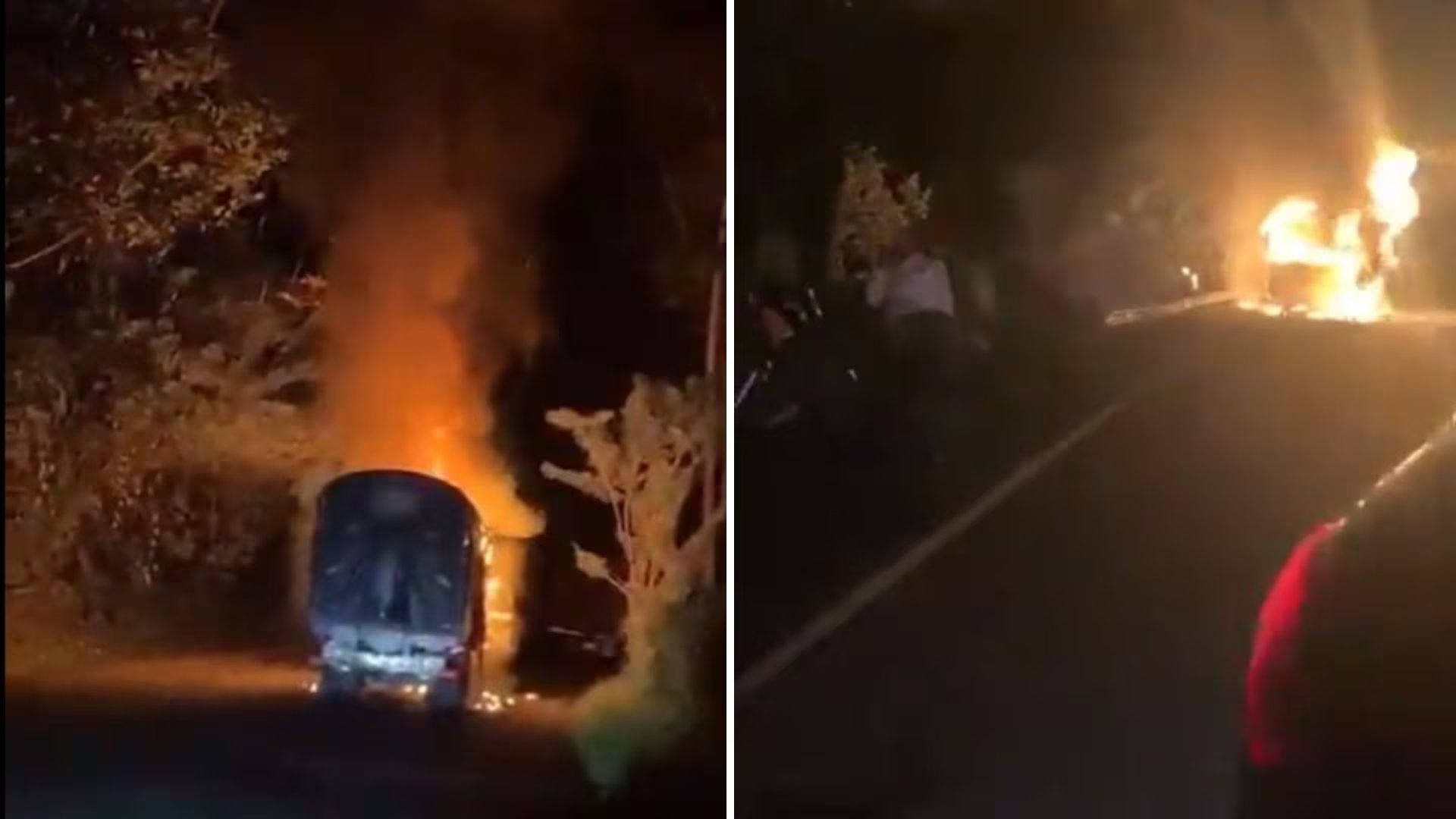 Hombres armados incendiaron tres vehículos, incluido un bus de Coonorte, en la vía Valdivia-Tarazá, norte de Antioquia - crédito Captura de video