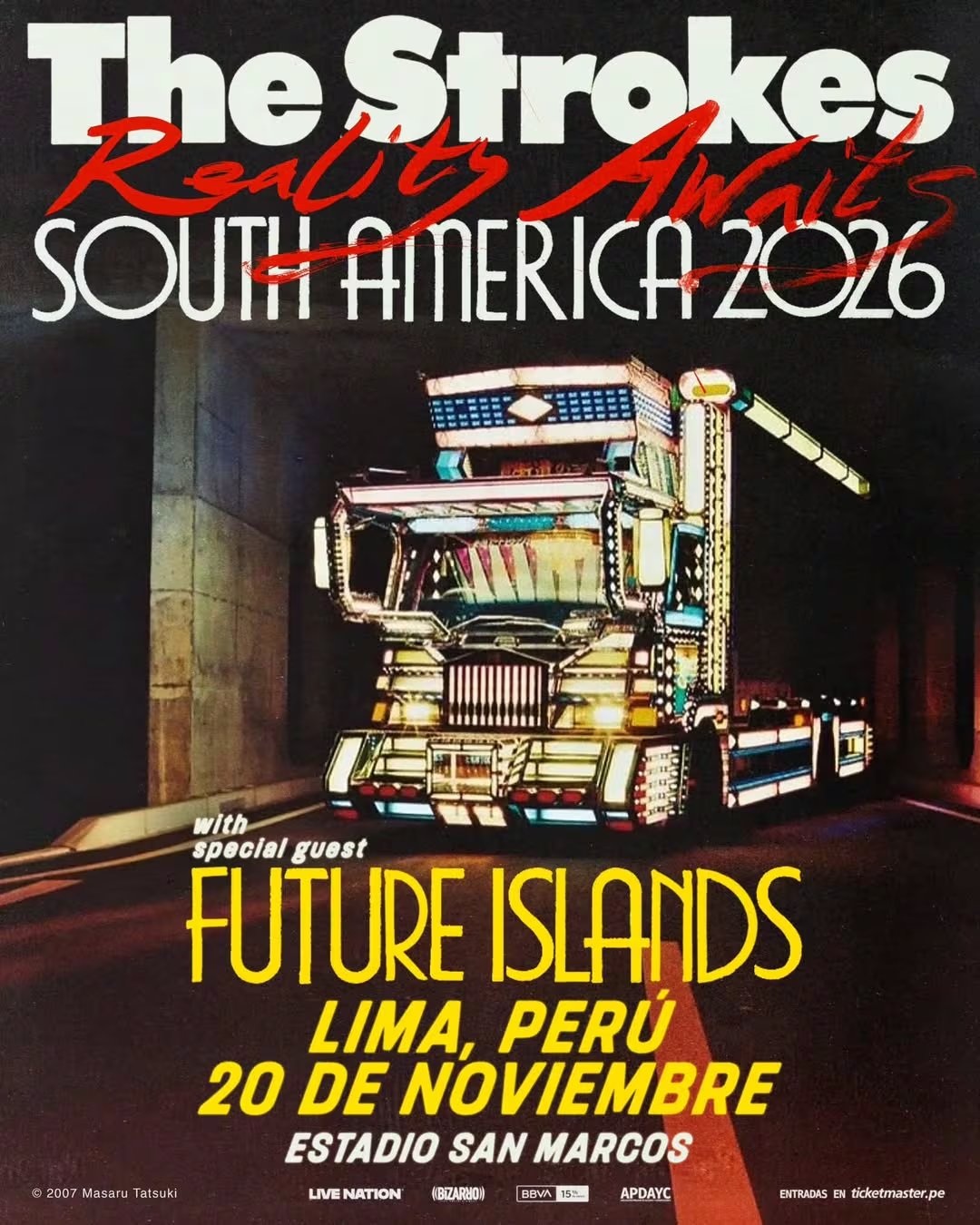 El cartel oficial del concierto de The Strokes en Lima, Perú, presenta al grupo junto a Future Islands, programado para el 20 de noviembre en el Estadio San Marcos.