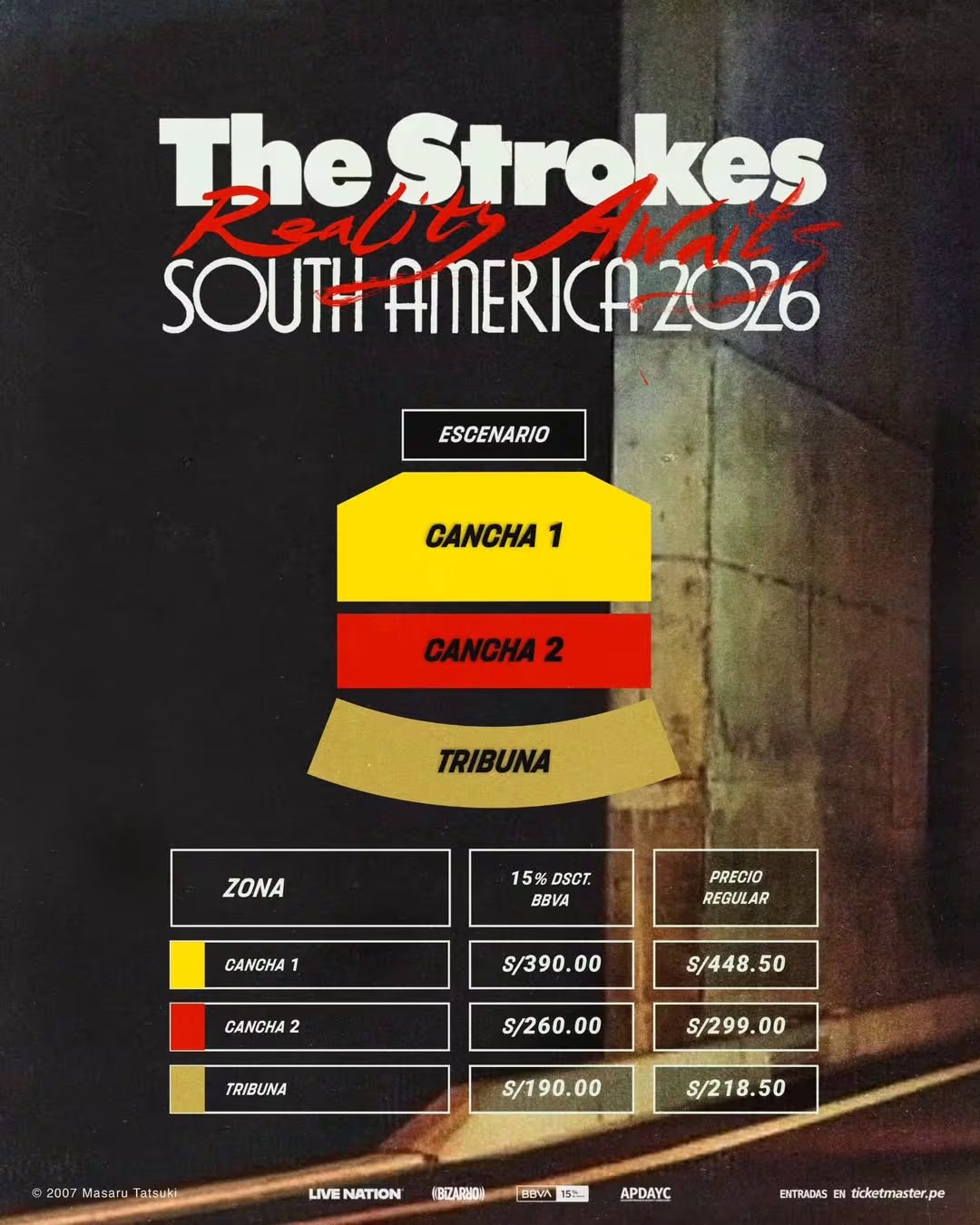 Póster promocional del concierto de The Strokes en Lima en 2026, detallando las zonas del escenario, precios de entradas con descuento BBVA y tarifa regular en soles peruanos.