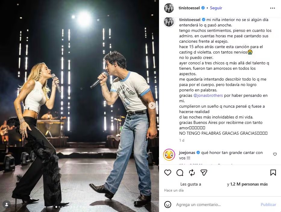 El elogio de Joe Jonas a Tini Stoessel tras su participación en el show de los Jonas Brothers (Instagram)