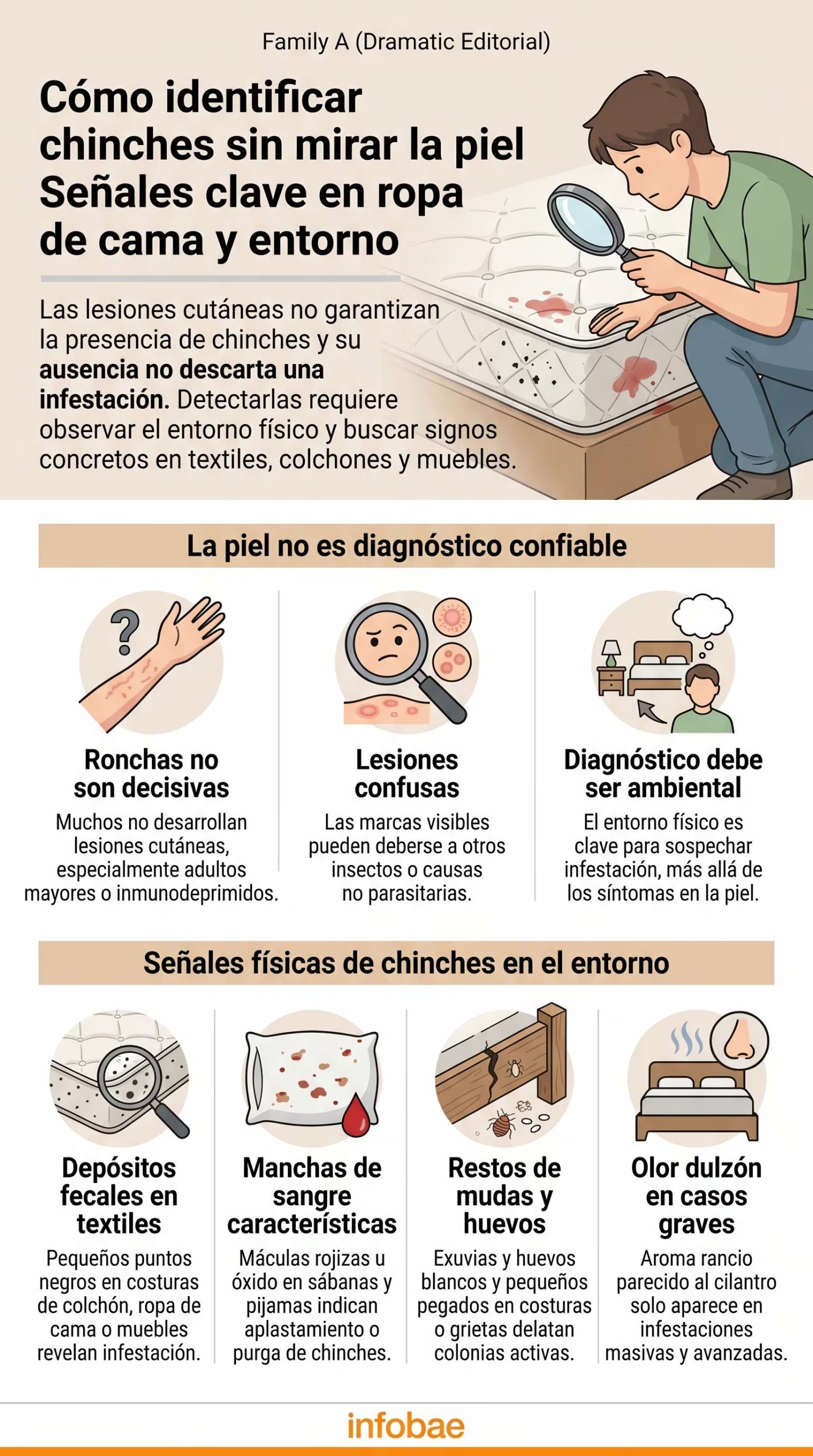 Infografía detalla cómo identificar una infestación de chinches de cama prestando atención a señales físicas en colchones, ropa y muebles, en lugar de confiar en síntomas cutáneos. (Imagen Ilustrativa Infobae)
