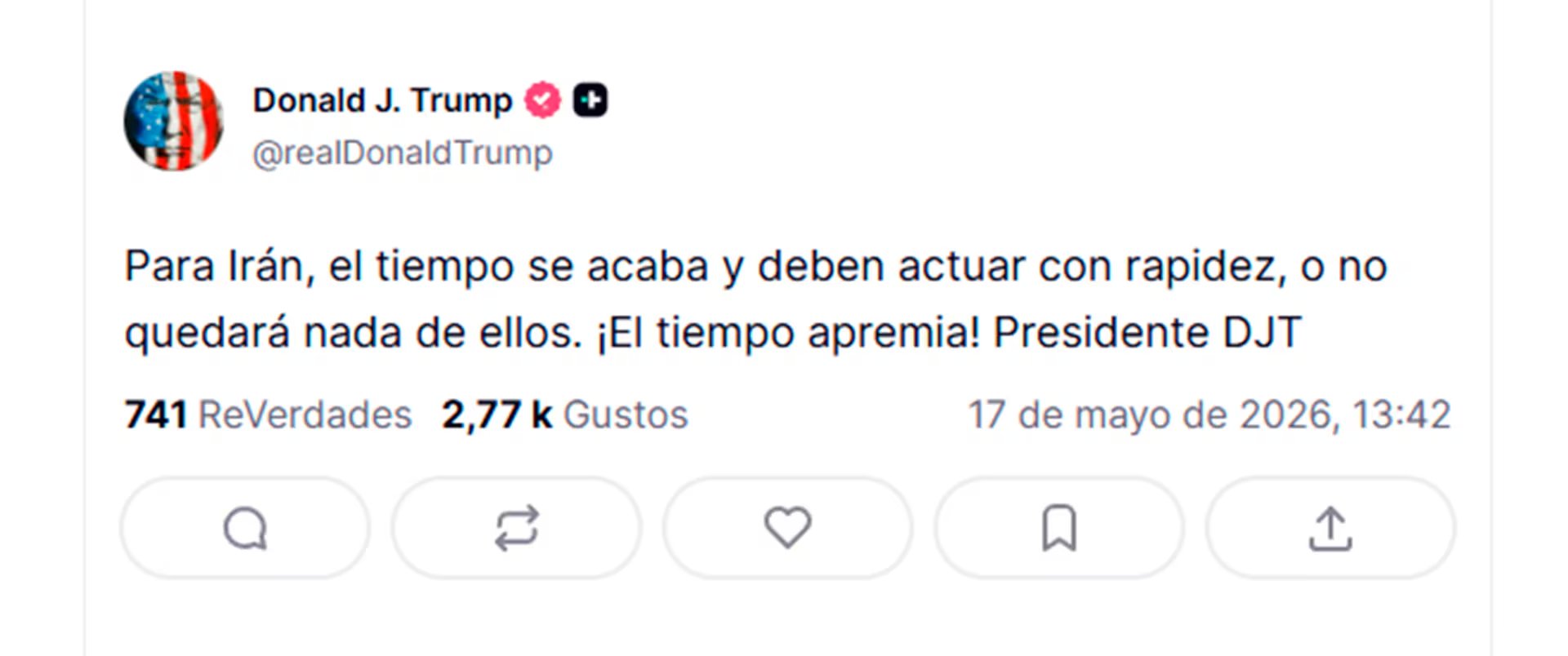 El mensaje publicado por Trump en Truth Social