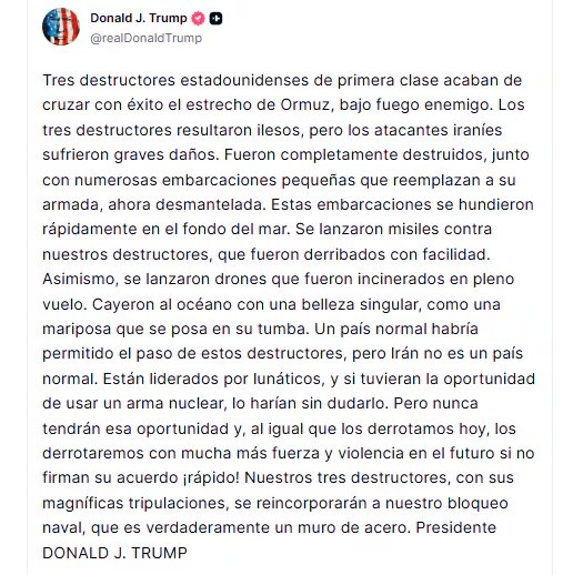 Donald Trump dijo que destructores estadounidenses repelieron un ataque iraní en el estrecho de Ormuz, causando graves daños a los atacantes