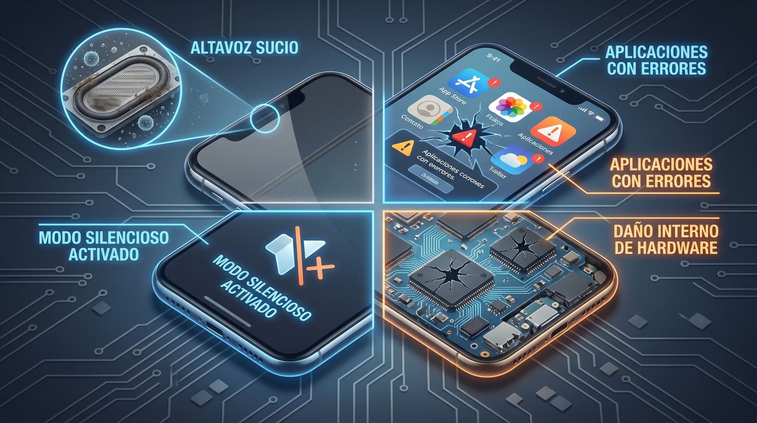 Esta ilustración hiperrealista muestra un smartphone dividido en secciones, destacando problemas como altavoces sucios, aplicaciones con errores, modo silencioso activado y daño interno de hardware. (Imagen Ilustrativa Infobae)