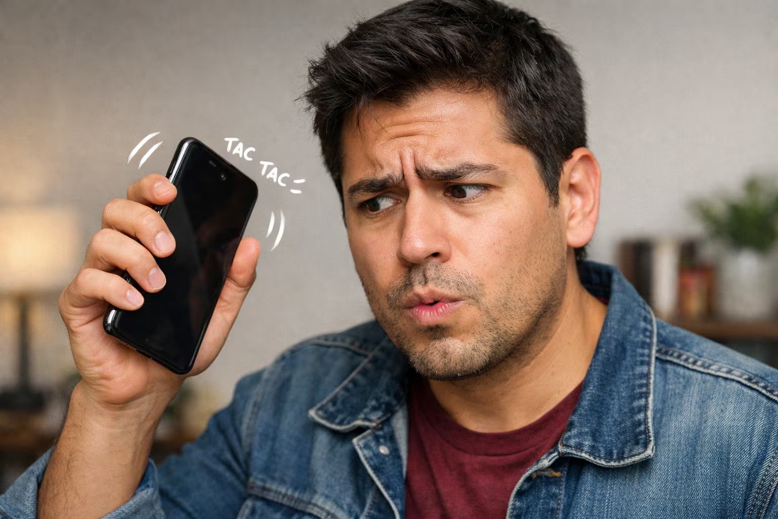 Un usuario examina su celular con gesto preocupado tras escuchar un sonido inusual al agitarlo. (Imagen Ilustrativa Infobae)