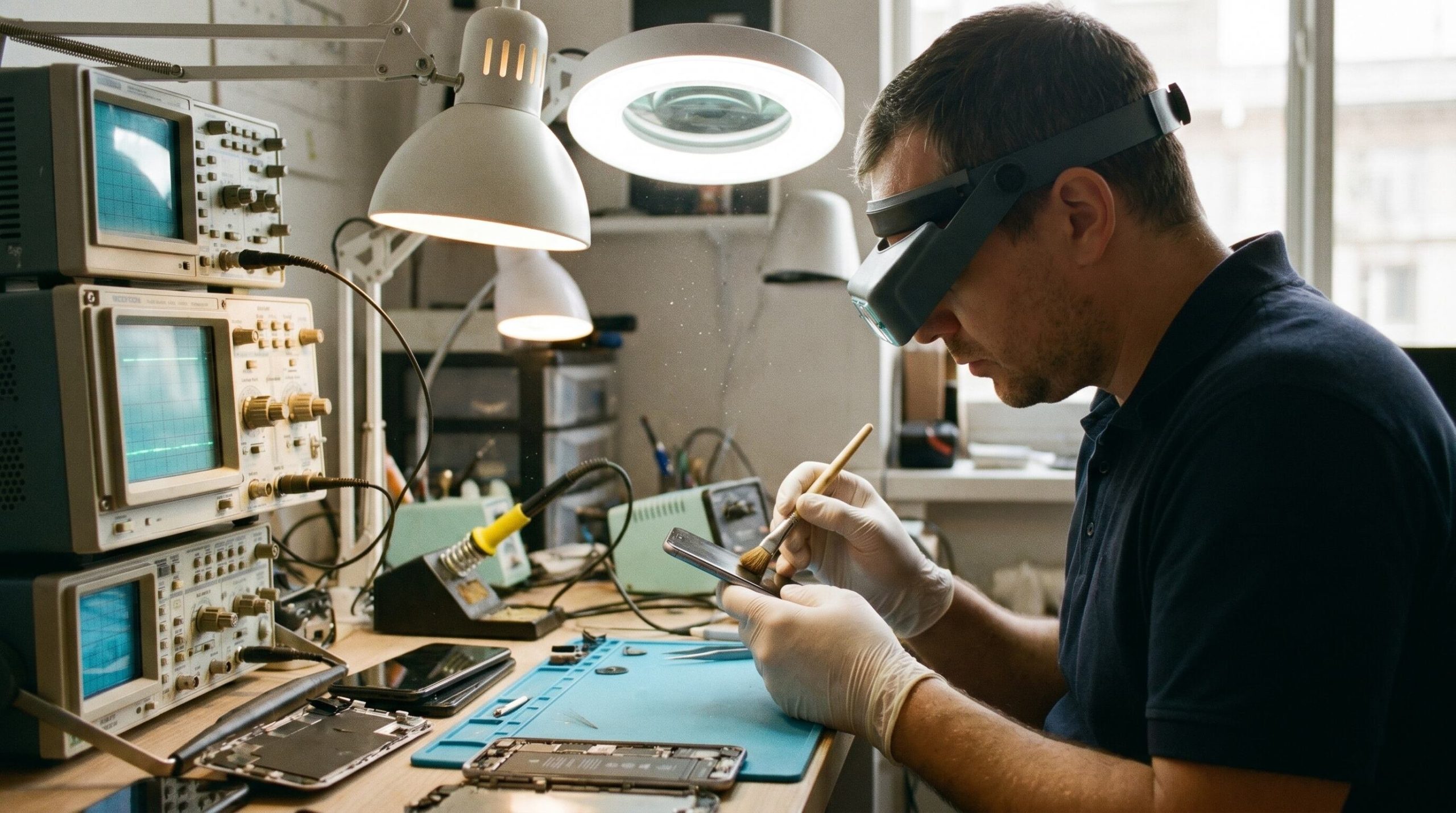 Un técnico especializado utiliza herramientas pequeñas y una lupa con luz para limpiar meticulosamente los altavoces de un smartphone en un taller de reparación electrónico. (Imagen Ilustrativa Infobae)