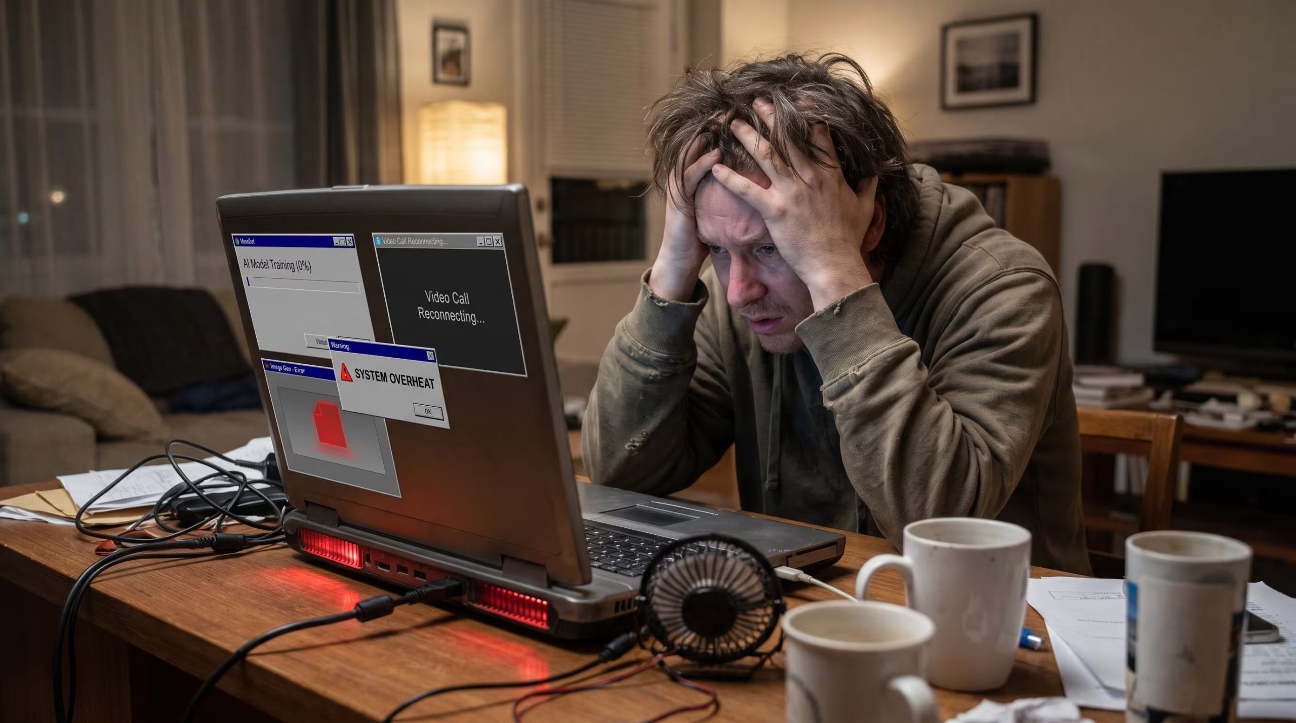 Un individuo frustrado se agarra la cabeza mientras su laptop se sobrecalienta, luchando con múltiples aplicaciones exigentes como entrenamiento de IA, videollamadas y generación de imágenes. (Imagen Ilustrativa Infobae)