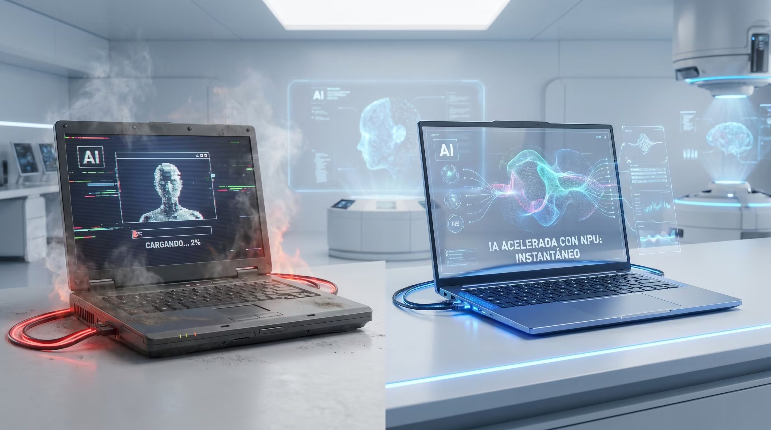 Comparación visual entre una laptop antigua que lucha con la IA y una nueva AI PC con NPU que ejecuta la inteligencia artificial de forma fluida en un ambiente tecnológico y futurista. (Imagen Ilustrativa Infobae)