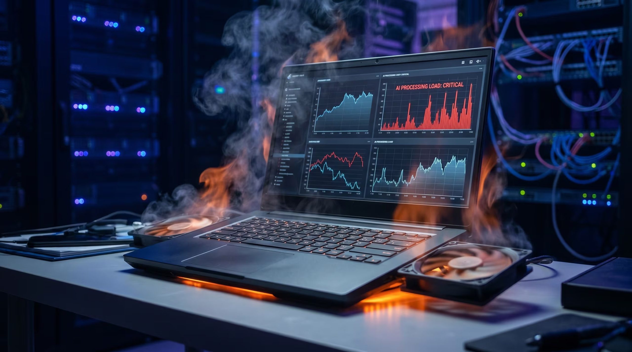 Un portátil muestra gráficos de rendimiento crítico de IA y expulsa calor con ventiladores, ilustrando la intensa demanda computacional en un entorno de servidor. (Imagen Ilustrativa Infobae)
