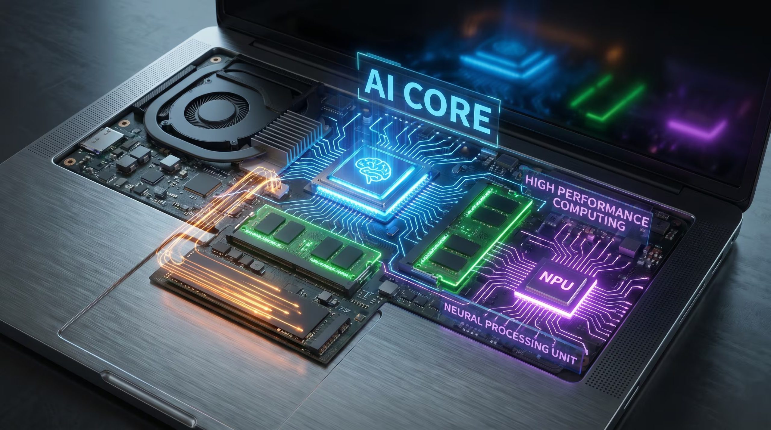 Una laptop muestra sus componentes internos, incluyendo procesador con núcleo de IA, memoria RAM, SSD y un chip NPU, destacando la evolución hacia la computación de alto rendimiento con inteligencia artificial. (Imagen Ilustrativa Infobae)