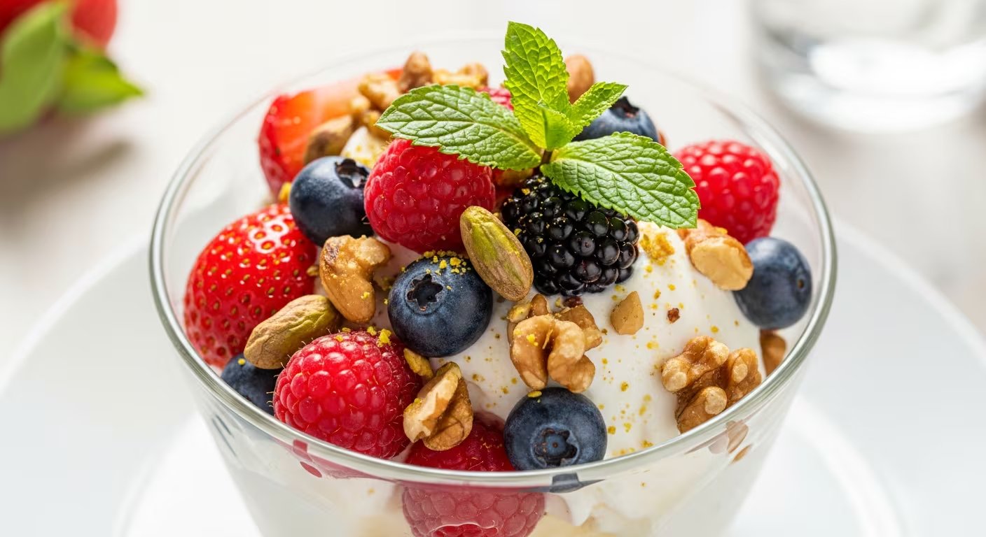 Según el especialista, opciones como el yogur natural y los frutos rojos aportan nutrientes sin recurrir a azúcares añadidos ni exceso de sodio presentes en algunos productos “light” (Imagen Ilustrativa Infobae)